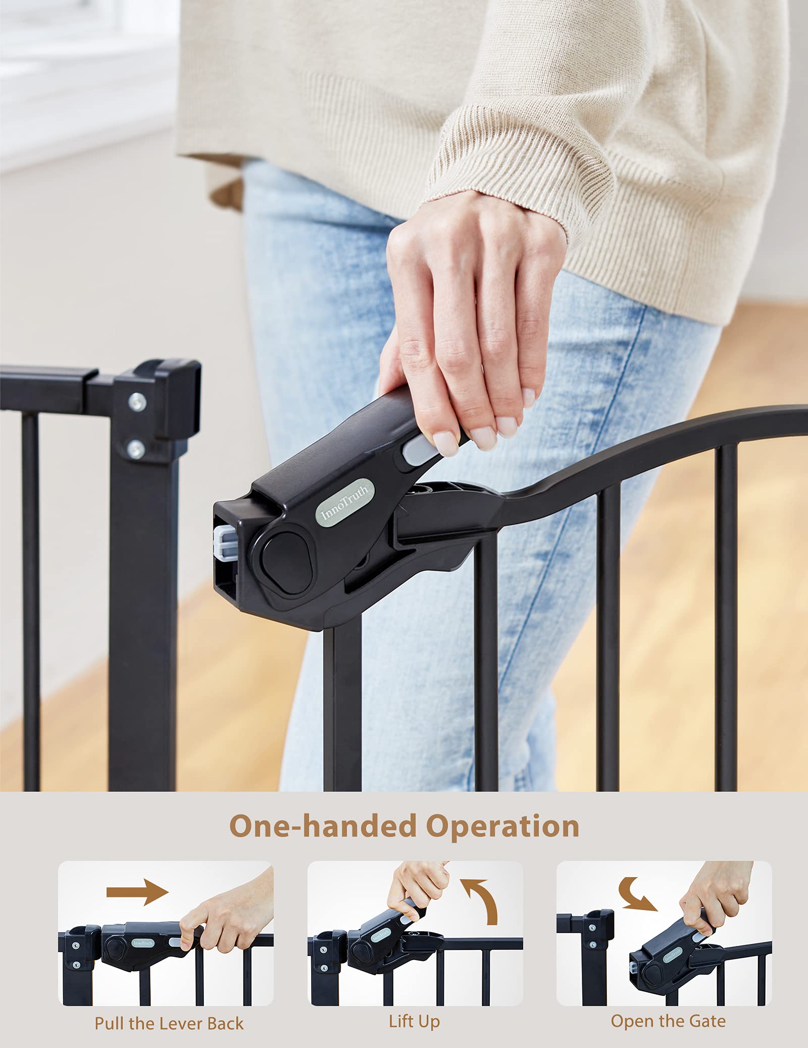 InnoTruth Baby Gate for Stairs & Doorways 29-39.6" Wide, 30" Tall Dog Gate for Pet Gates, Easy Step Auto Close Walk Thru Metal Stair Child Gate, Dual-Lock Safety Design and One-Hand Opening, Black
