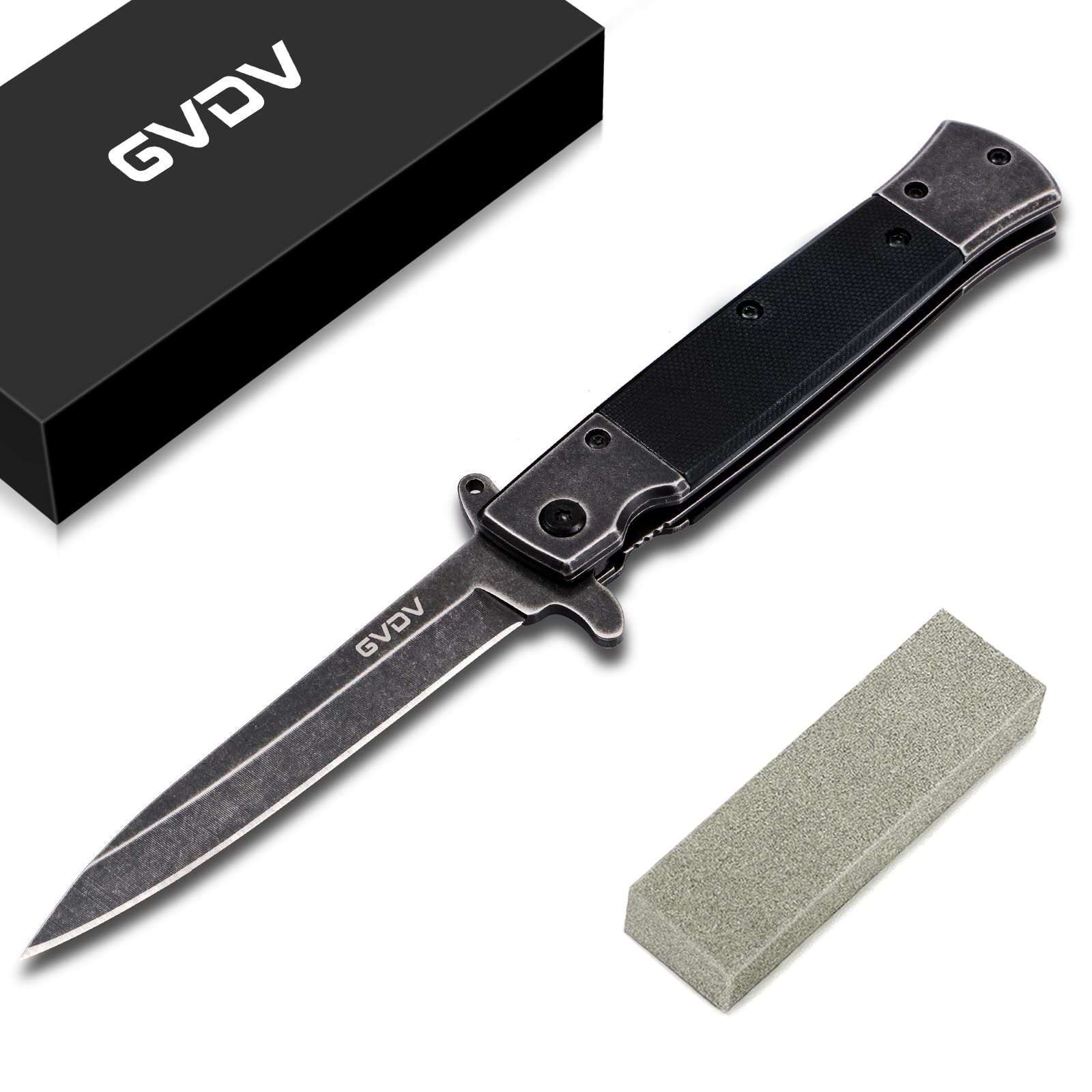 GVDV Pocket Knife Folding Knives, Cool Pocket Knives for Men, 7Cr17 Stainless Steel Knife Set with Sharpening for Fishing Camping Hunting Hiking, Black Stonewashed