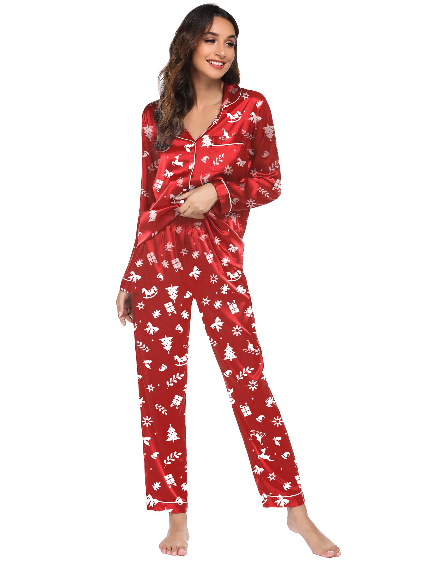 Ekouaer Silk Satin Pajamas Women's Long Sleeve Pj Set Soft Button Down 2 Piece Sleepwear Loungewear Christmas Red Print,M