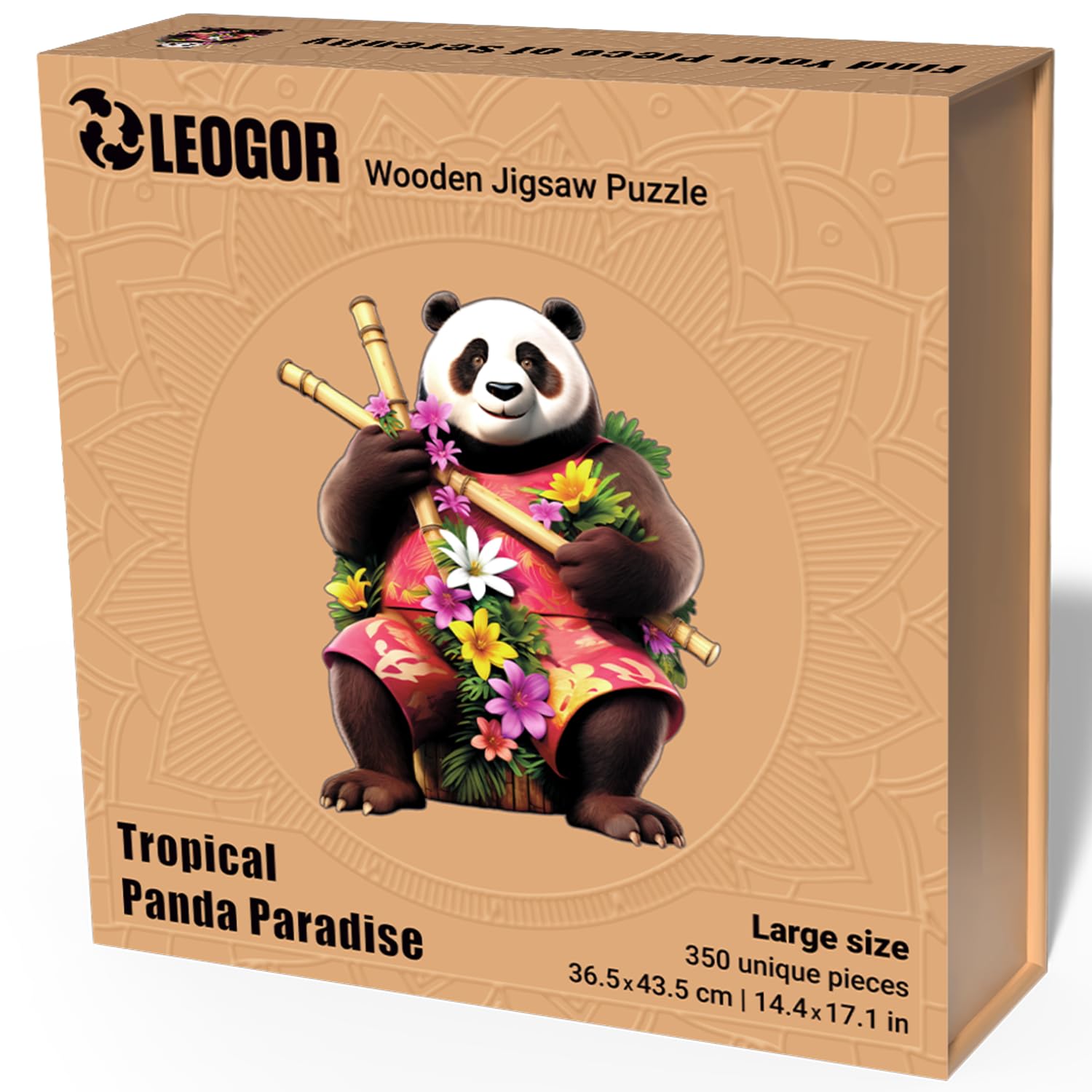 LEOGOR Large Wooden Puzzles for Adults - Tropical Panda Paradise - (350 Piece, 14.4"x17.1") - Colorful Mosaic of Animal Shaped and Nature Inspired Wood Whimsy Jigsaws