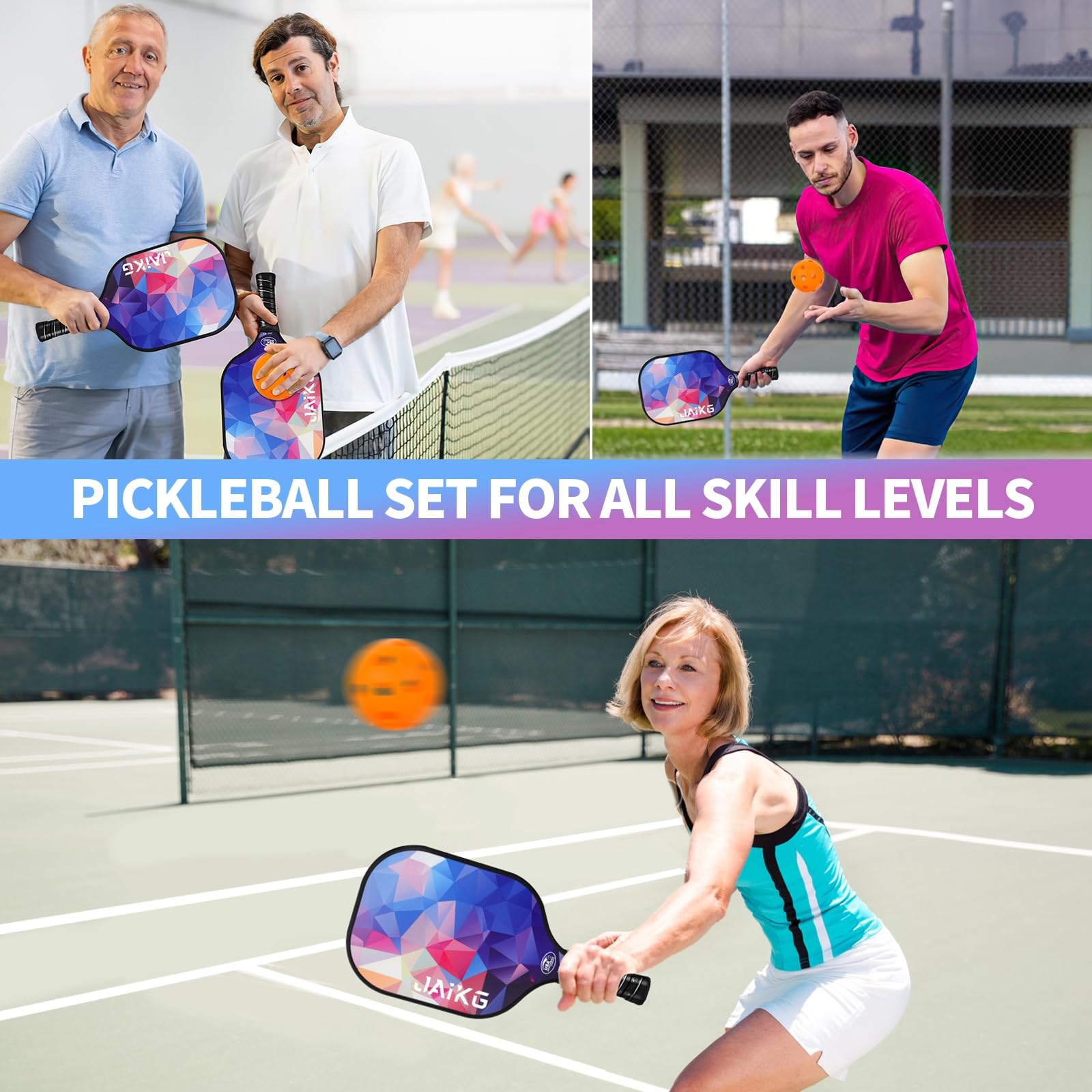 Pickleball Paddles Set of 2, Fiberglass Pickleball Paddles with 4 Pickleball Balls, 2 Grip Tapes, 1 Carry Bag Lightweight Pickle Ball Rackets for Beginners