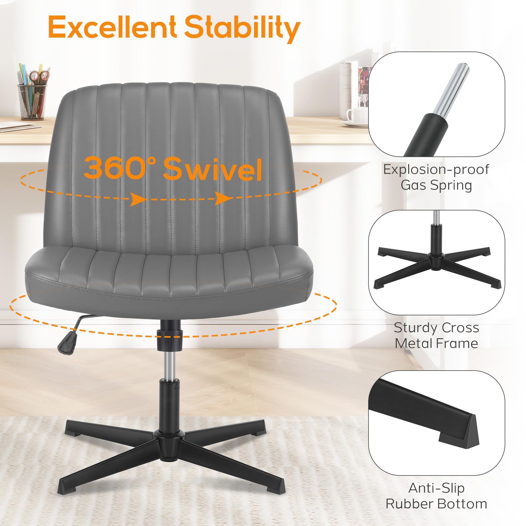 DUMOS Criss Cross Legged Office, Wide Comfty Desk, Wheels Armless Computer Task, Swivel Vanity Home Chair, Height Adjustable, Roman Silver