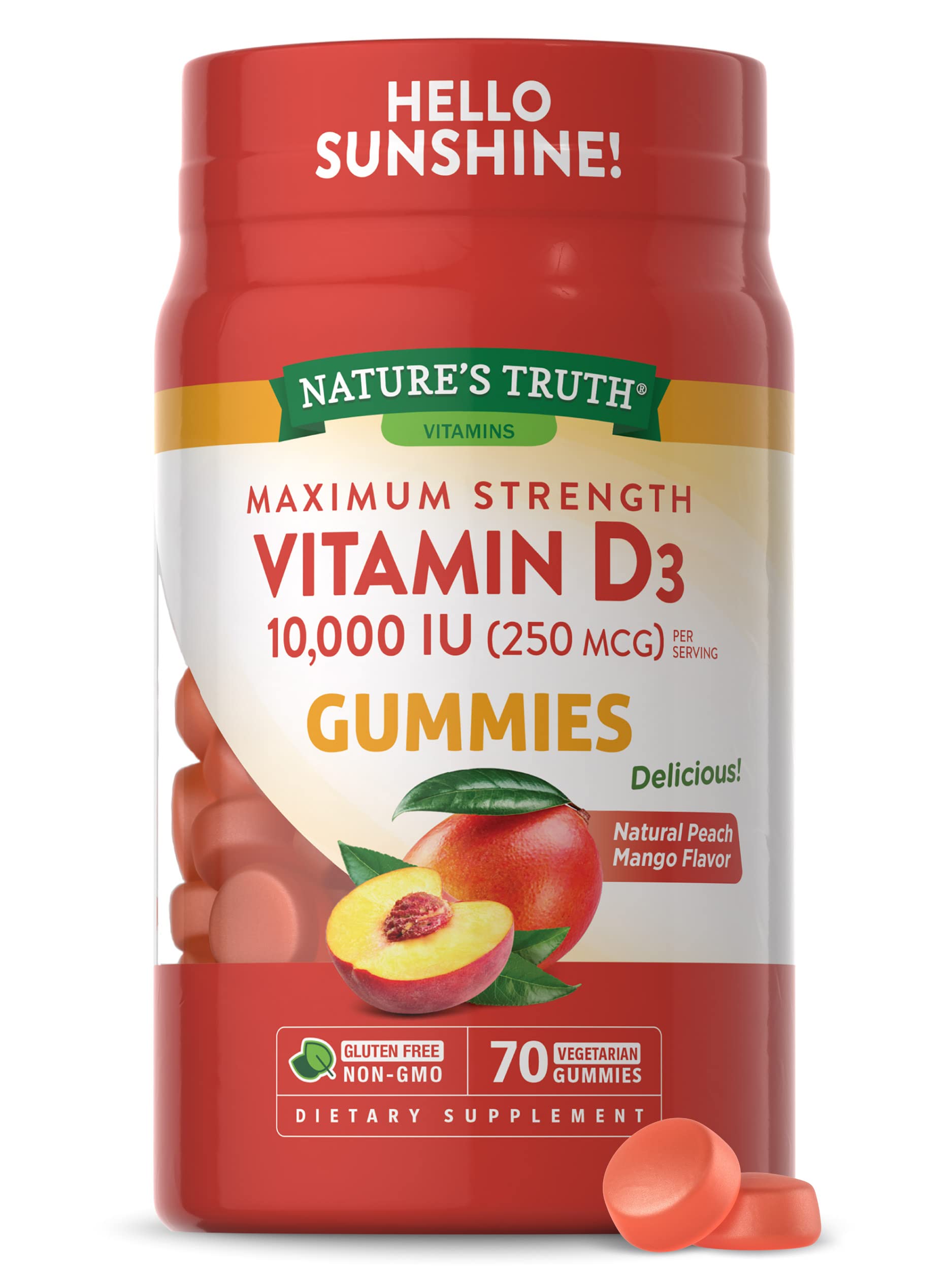 Nature's Truth Vitamin D3 Gummies | 10000 IU | 70 Count | Peach Mango Flavor | Vegetarian, Non-GMO & Gluten Free Supplement