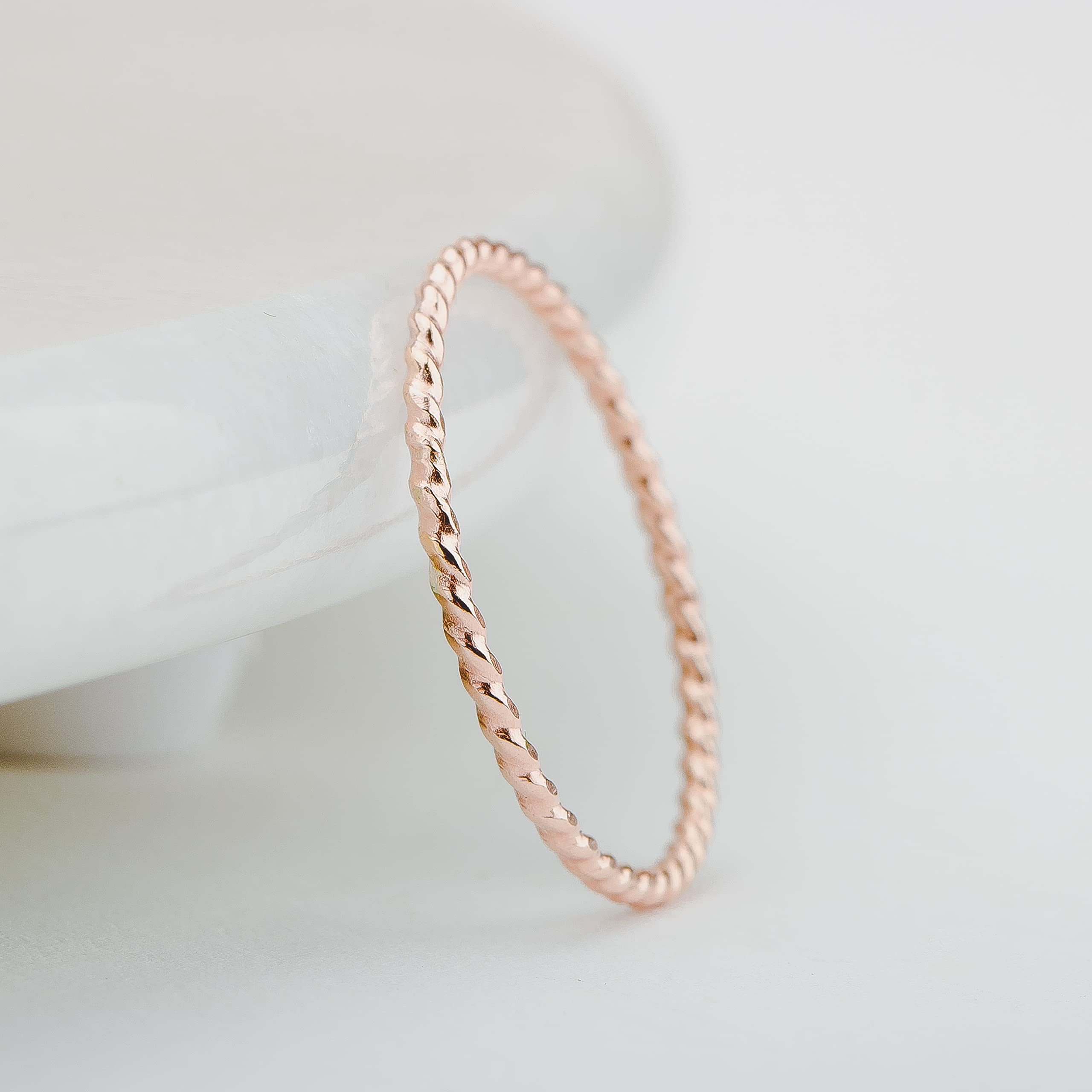 Braided Rope Stacking Ring | Elegant Twist 1mm Skinny Stackable Stack Ring Band in Silver, Gold, or Rose Gold | Comfort Fit USA Sizes 3-12 (14K Rose Gold Fill, 7)