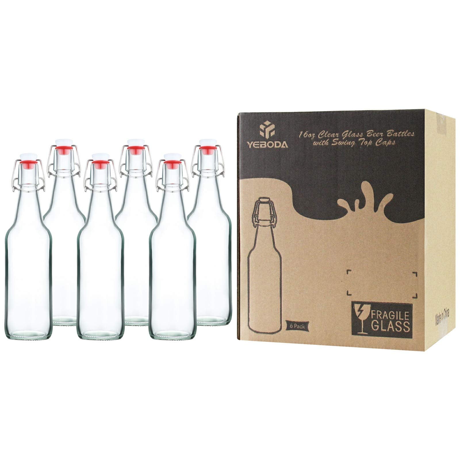 YEBODA Clear Glass Beer Bottles for Home Brewing with Easy Wire Swing Cap & Airtight Silicone Seal 16 oz- Case of 6