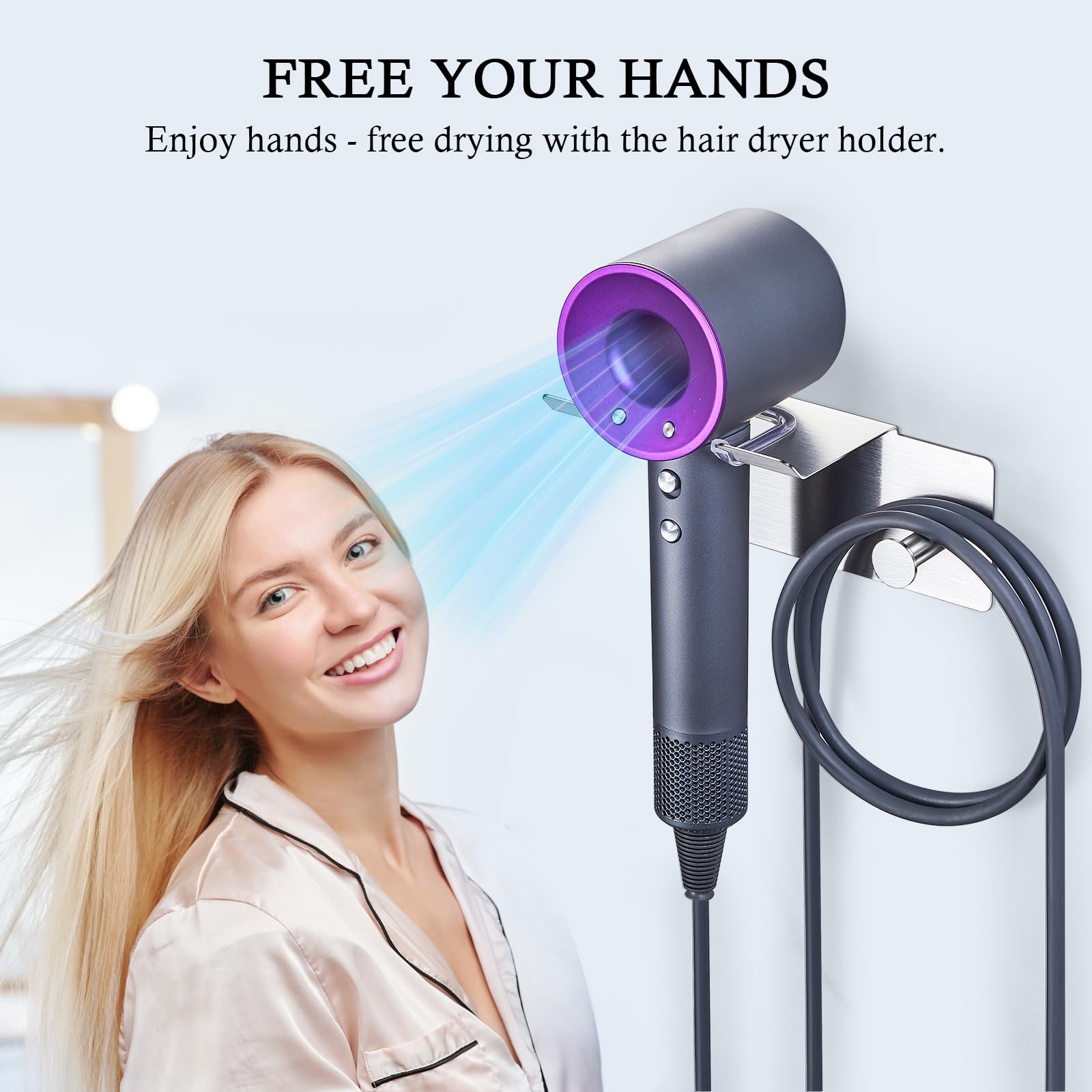 Hair Dryer Holder Wall Mounted, Blow Dryer Holder, Adhesive Hairdryer Holder for Bathroom, Hair Tool Organizer for Blowdryer Storage, Stainless Steel Hairdryer Organizer Blow Dryer Wall Hanger Stand
