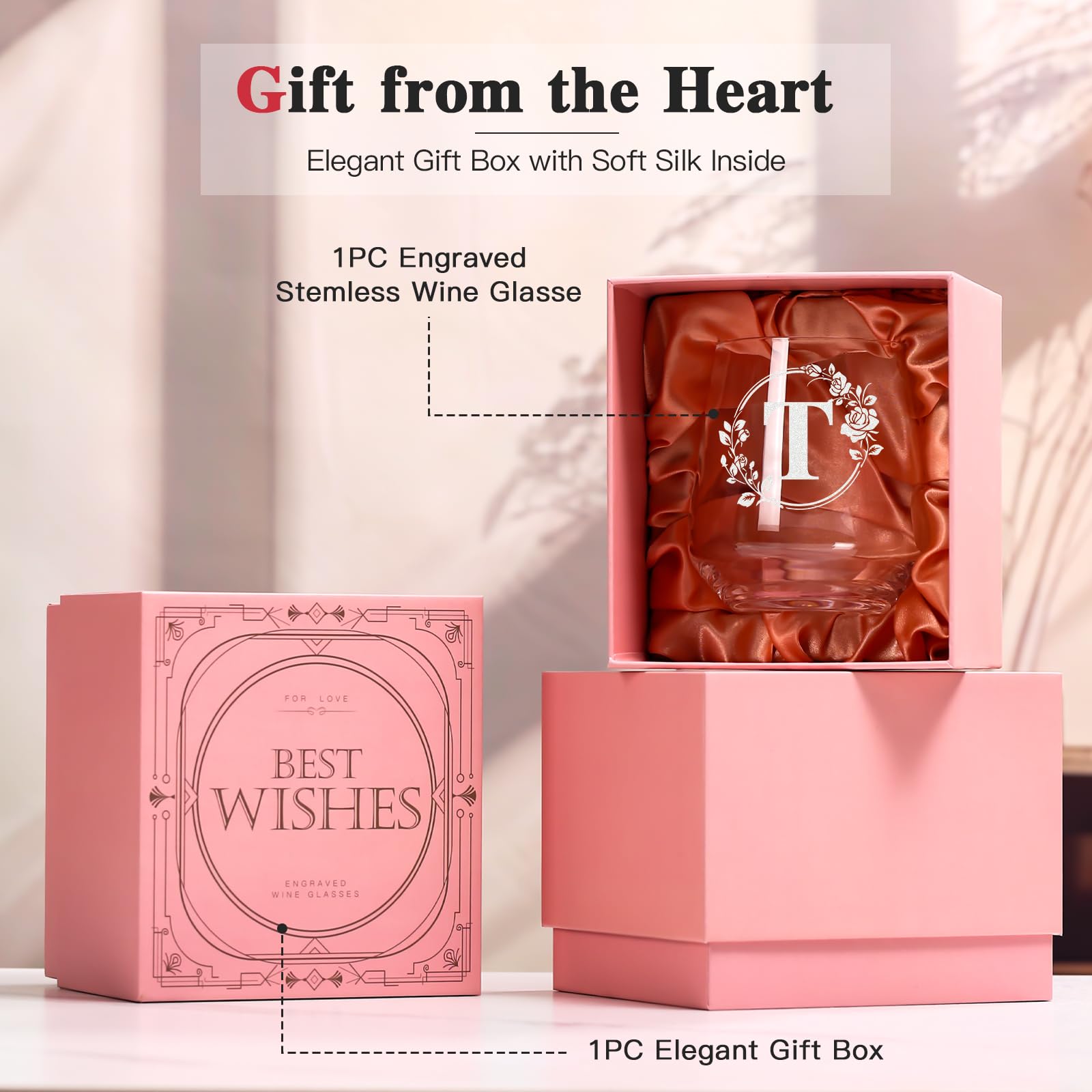 Personalized Stemless Wine Glass – Custom Engraved Monogrammed Initial Glasses，Bridal Shower, Birthday, Wedding, or Engagement Gift for Women Her-T