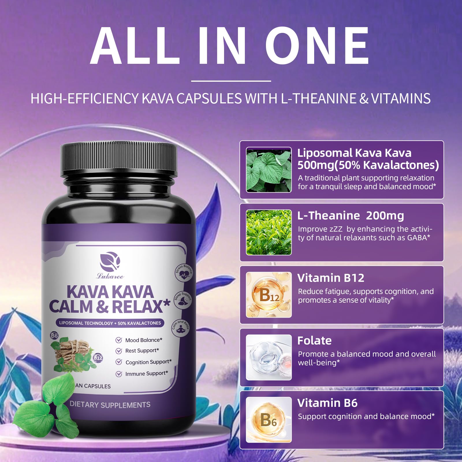 Kava Kava Root Extract Supplement - Liposomal Kava Capsules with L Theanine 200mg, 50% Kavalactones, Relax Calming Kava Extract, Vitamin B6, B12 - for Sleep, Mood, Cognitive & Immune Support, 60CT