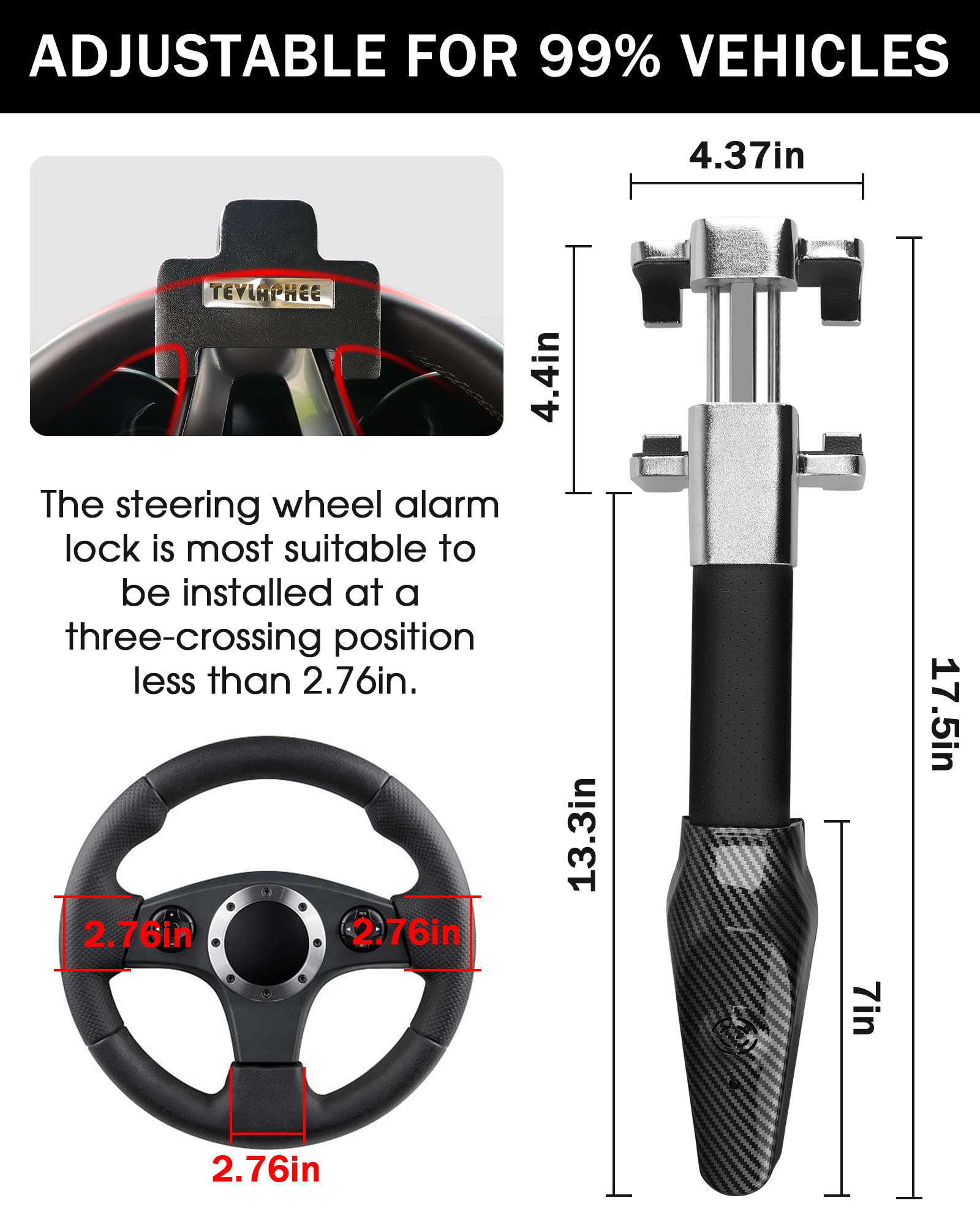 Tevlaphee Steering Wheel Lock with Alarm,Heavy Duty Anti-Theft Car Device Car Lock Car Theft Prevention Universal Fit for Vehicle Truck Van SUV Car Security with 2 Keys