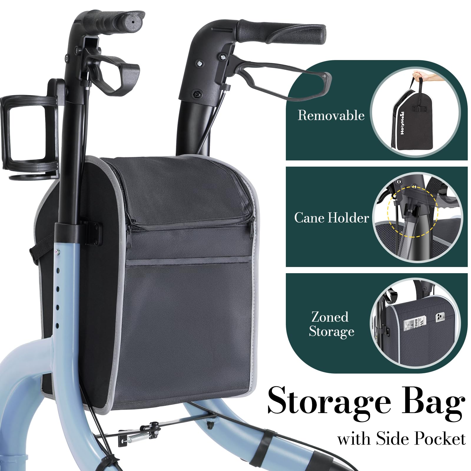 HolyHeal 3 Wheel Walkers for Seniors, Lightweight Rollator Walkers Foldable for Elderly with Cane Hold and Cup Hold, Height Adjustable Aluminum Three Wheel Rolling Walker Mobility Aid, Blue
