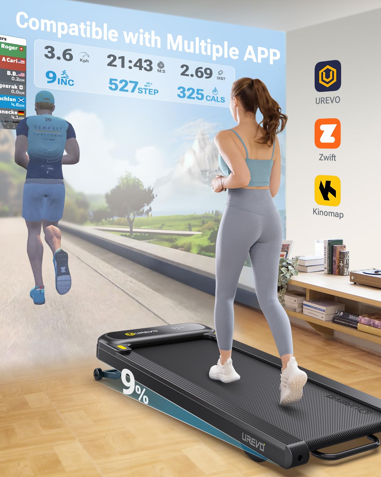 UREVO Walking Pad Treadmill with Auto Incline, Under Desk Treadmill, Treadmills for Home Office, with 9 Level Incline, APP Control