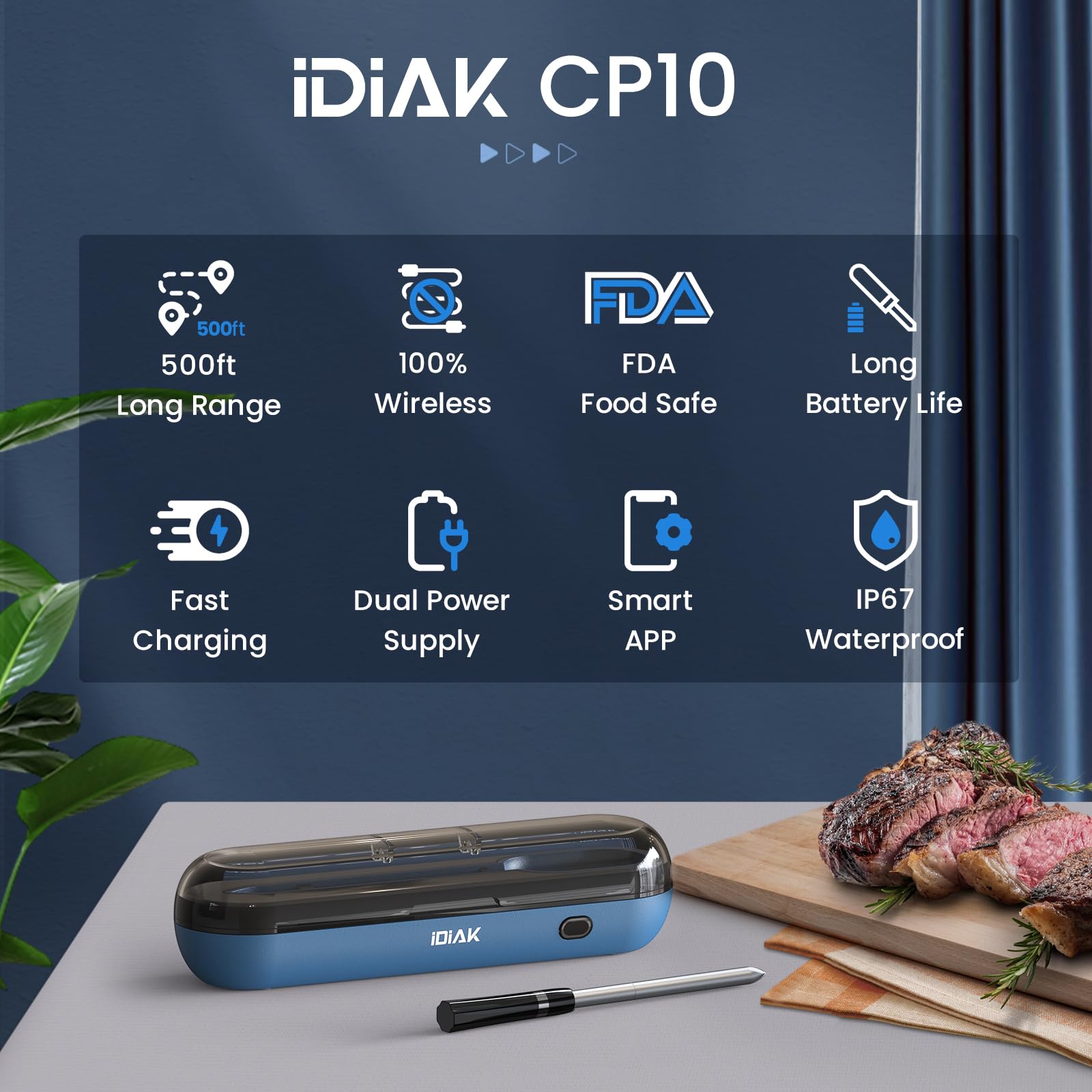 iDiAK Wireless Meat Thermometer for Grilling and Smoking, CP10 New Gen 500FT Meater Probe Thermometers, Dual Sensor, Dual Alarm, Smart Food Thermometer Probe for BBQ, Oven, Grill, Smoker, Sous Vide