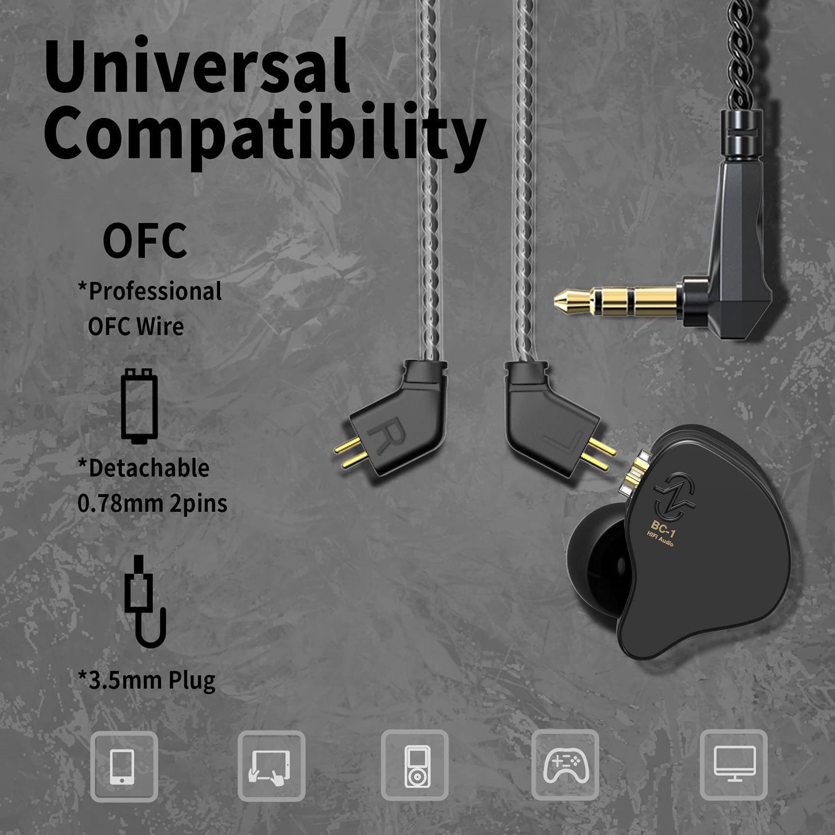 YINYOO CCZ Melody in-Ear Monitors Earphones Headphones Wired Earbuds Without Microphone IEM HiFi Bass with 1DD 1BA, Ear fins, 4N OFC Cable for Musicians, Singer, on Stage, Studio(no mic, Clear Black)