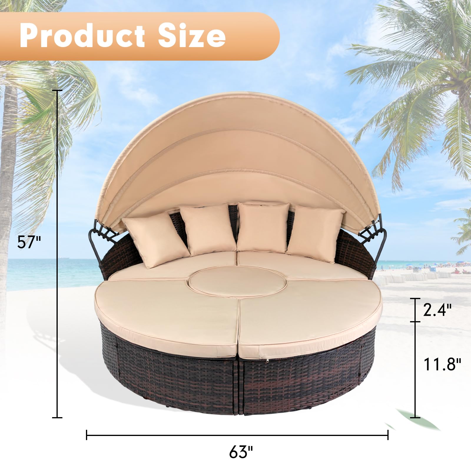 SUNCROWN Outdoor Patio Round Daybed with Retractable Canopy, Brown Wicker Furniture Sectional Couch with Washable Cushions, Backyard, Porch