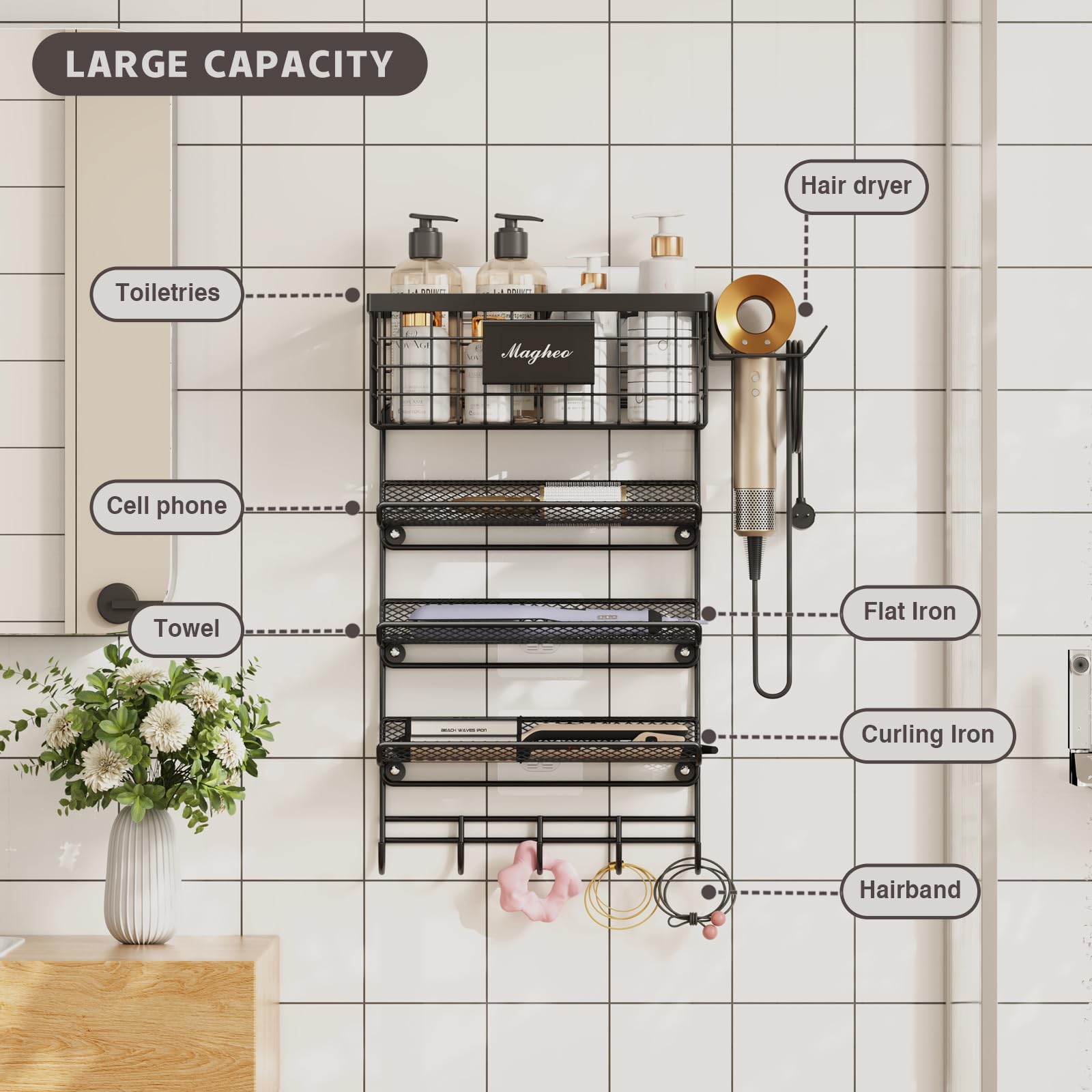 Magheo Hair Dryer Holder Wall Mounted, Adheisve Hair Styling Tool Organizer for hair Brush/Appliance Wall Mount with 5 Tier Shelf Basket Hooks Blow Dryer and Straightener Holder for Bathroom(Black)
