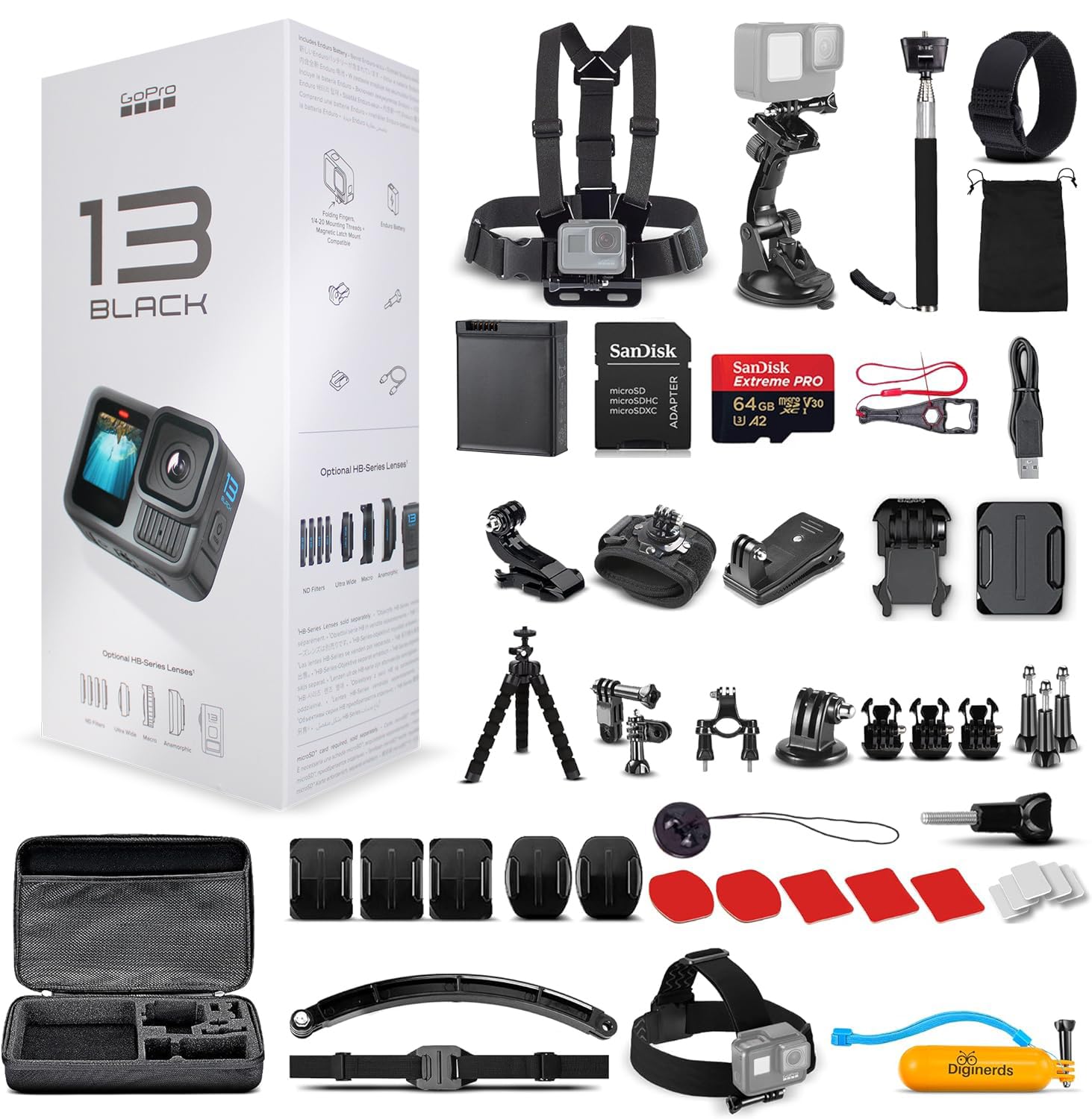 GoPro HERO13 (Hero 13) Black - Waterproof Action Camera with 5.3K HDR Video, 27MP Photos, 1/1.9" Image Sensor, Live Streaming, Webcam, Stabilization + 64GB Card & 50 Piece Accessory Kit - Bundle