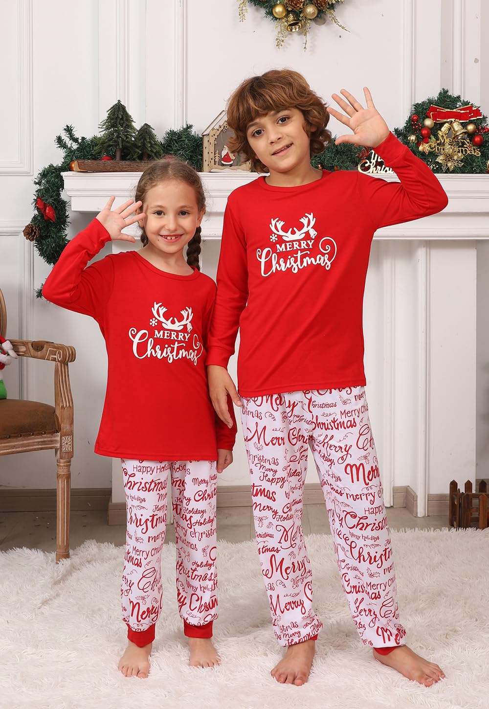 JAXUH Matching Family Christmas Pajamas, Cute Xmas Antler Print Pjs Sets for Couples/Adult, Holiday 2 Piece Sleepwear Nightwear Jammies (4-6 Years, Youth, Red Antlers)