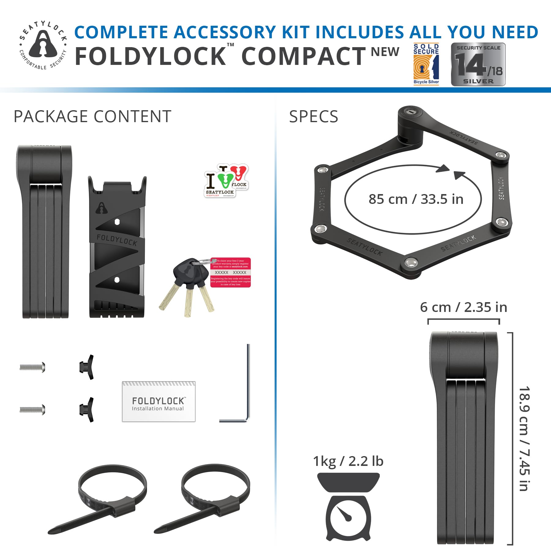 FoldyLock Compact Folding Bike Lock - Award Winning Patented Lightweight High Security Bicycle Lock - Heavy Duty Anti Theft Smart Secure Guard with Key and Case for Bikes or Scooter - 33.5"