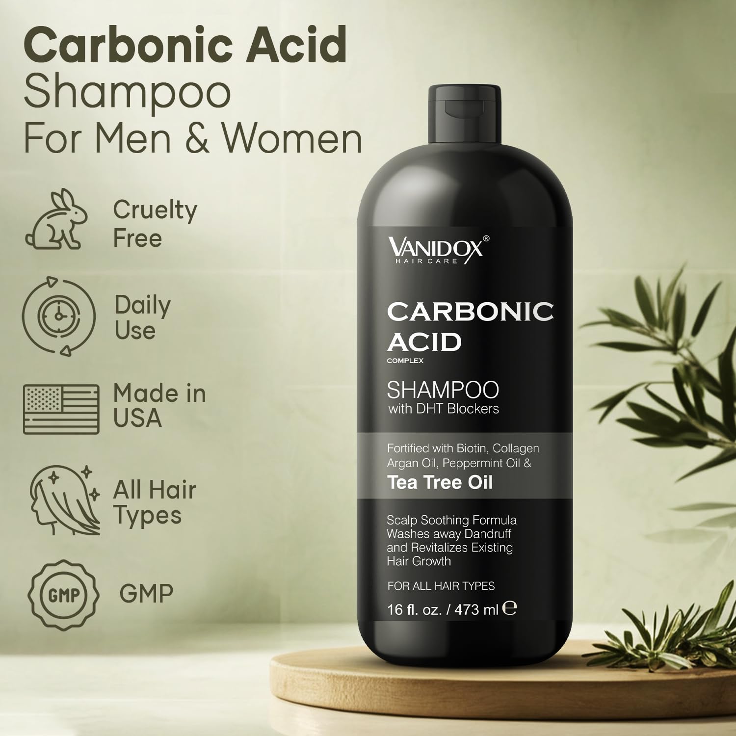 VANIDOX Carbonic Acid Shampoo for Men and Women with DHT Blockers - Made in USA - Stimulates Hair Growth, Scalp Exfoliator, Sulfate Free Shampoo with Biotin and Tea Tree Oil (16 Fl Oz)