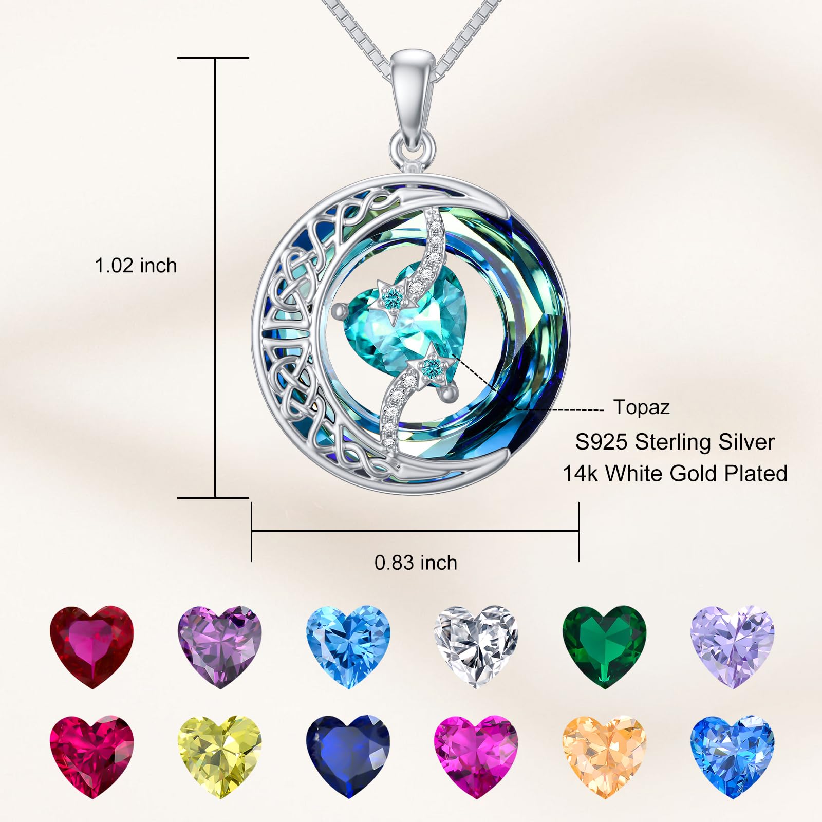 TOUPOP Moon Star Necklace Heart Birthstone Half Moon Pendant Sterling Silver Birthday Gift With Blue Crystal Mother's Day Jewelry Gifts for Wife Girlfriend Mom Daughter, Sterling Silver, crystal