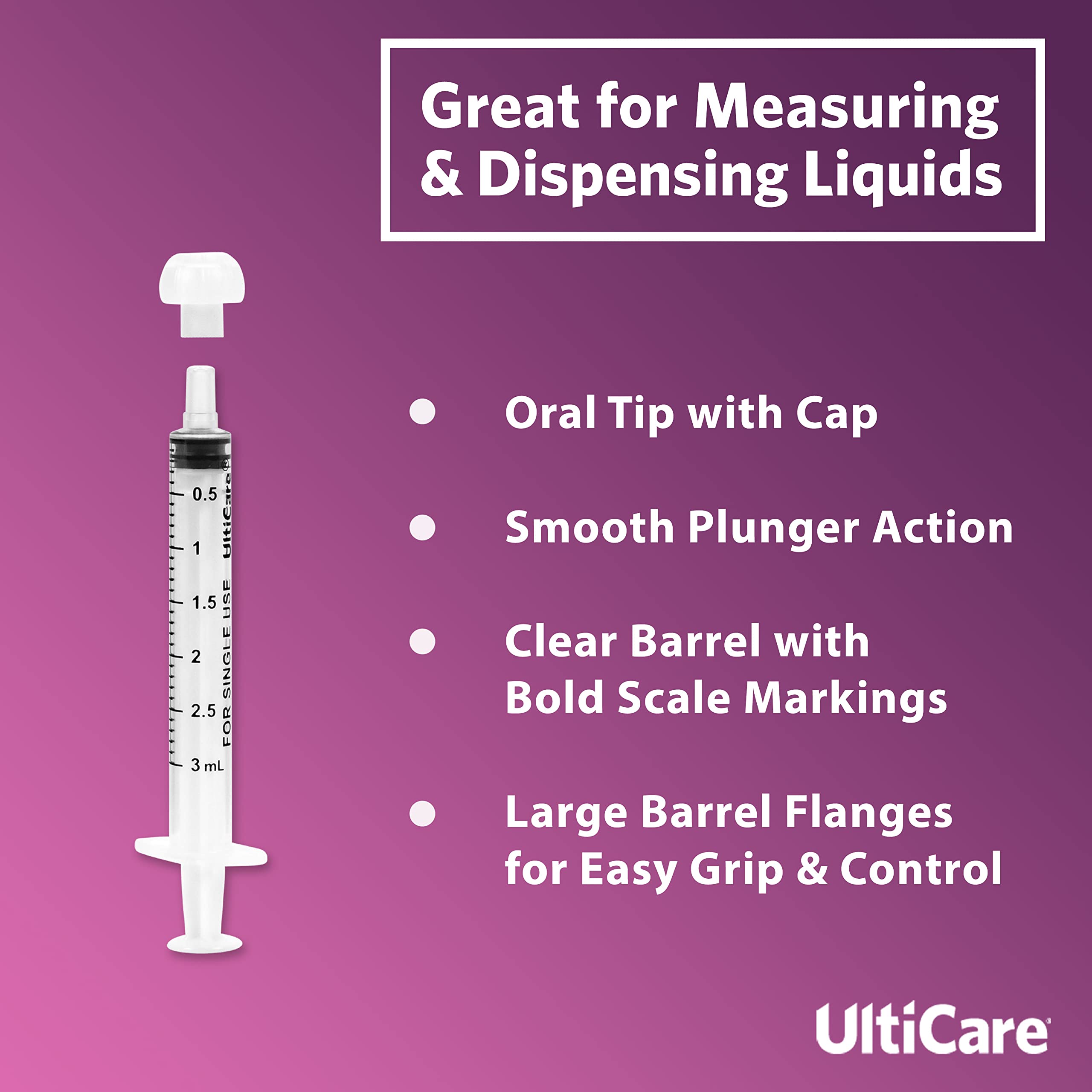 UltiCare 3mL Oral Syringe – Uses Include Oral Administration of Medicine for Infants, Toddlers and Small Pets, and Small HH Projects. Oral Tip with Cap, Sterile Individually Wrapped, 100 Count