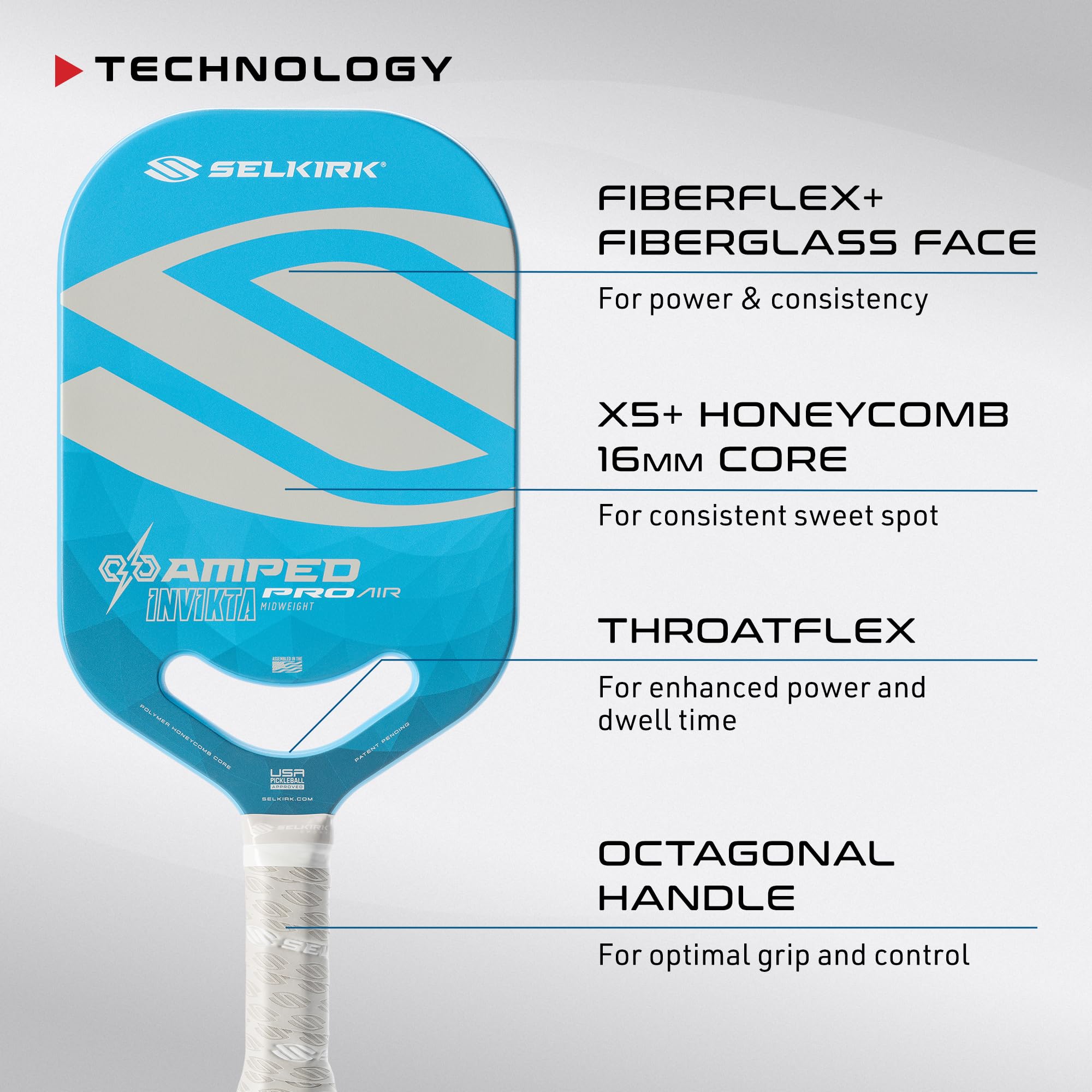 2024 Selkirk Amped Pro Air Pickleball Paddle | Fiberglass Pickleball Paddle with a Polypropylene X5+ 16mm Core | Throatflex | Flex Foam | Pickleball Rackets Made in The USA | Invikta Blue