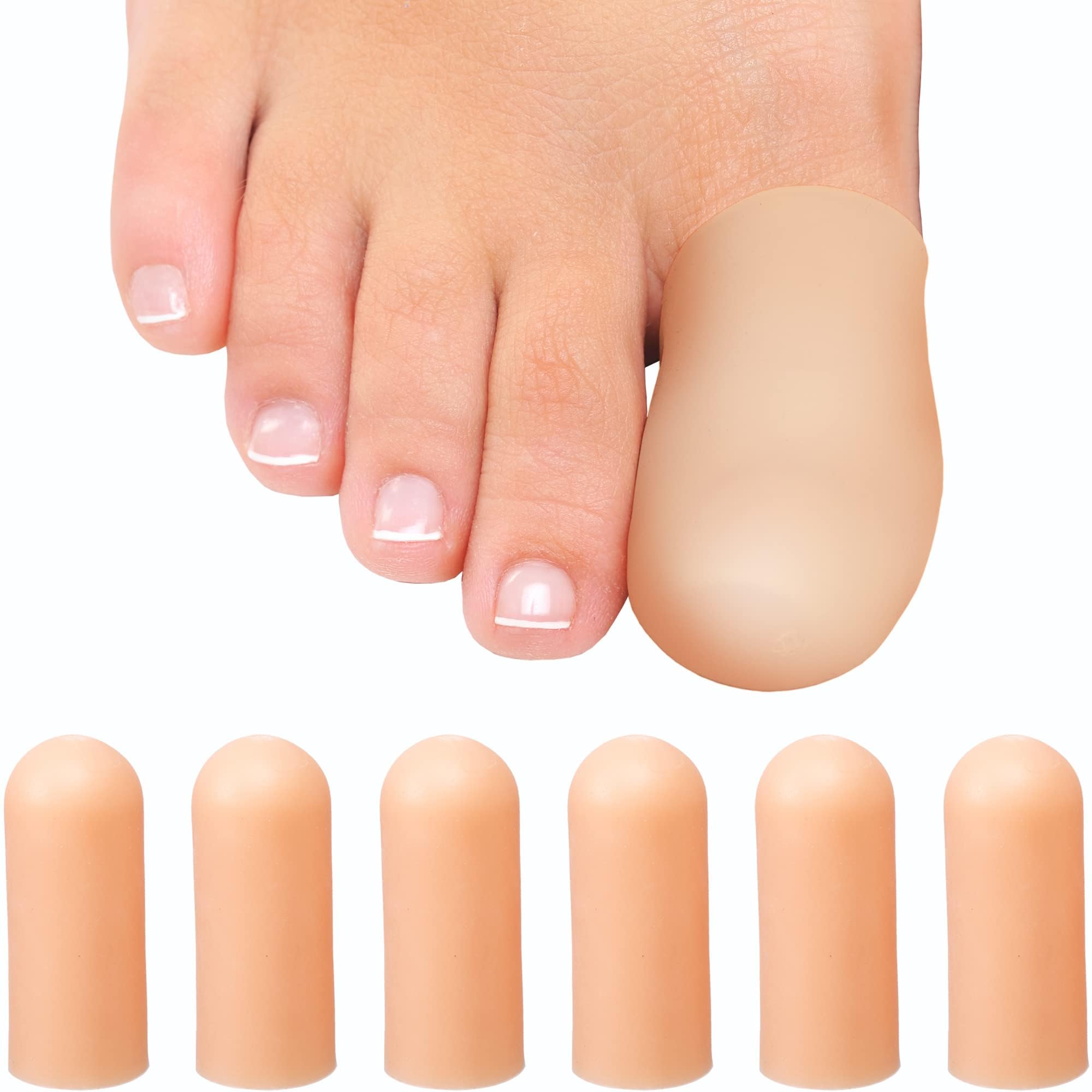 Homergy Soft Gel Toe Caps with Healing Coconut Oil - 6 Reusable Big Toe Protectors for Ingrown or Missing Toenails, Corns, Calluses & Blister Relief