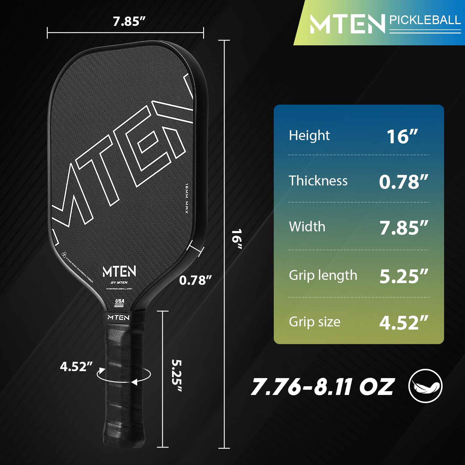 MTEN Pickleball Paddle, Carbon Fiber Pickleball Paddles,16MM Polypropylene Honeycomb Core Carbon Fiberglass Pickleball Paddles, USAPA Approved, Beginners & Pros