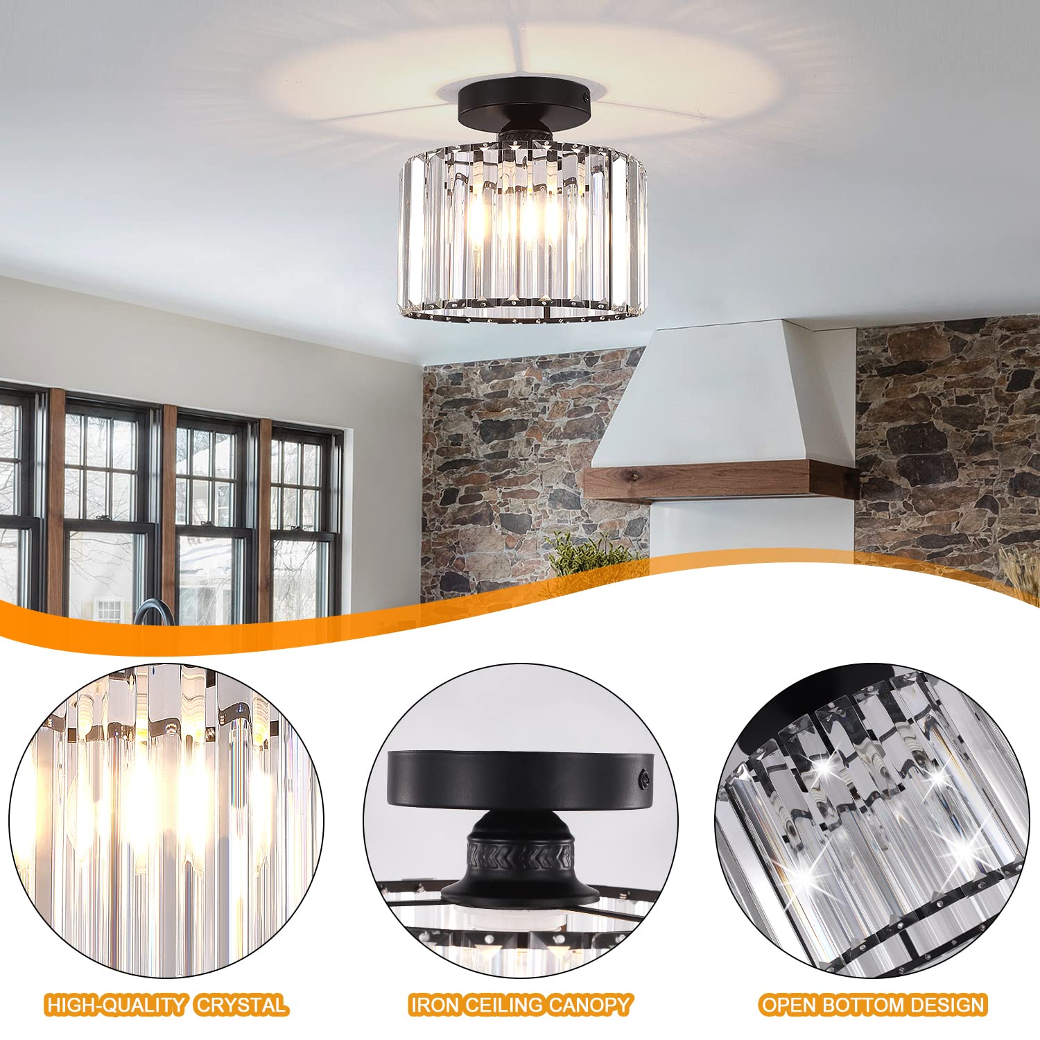 BUXVRCS Semi Flush Mount Ceiling Light, Modern Chandelier Crystal Ceiling Light Fixture,Small Close to Ceiling Light for Living Room Bedroom Hallway Bathroom Kitchen Entryway with E26 Base (Black)