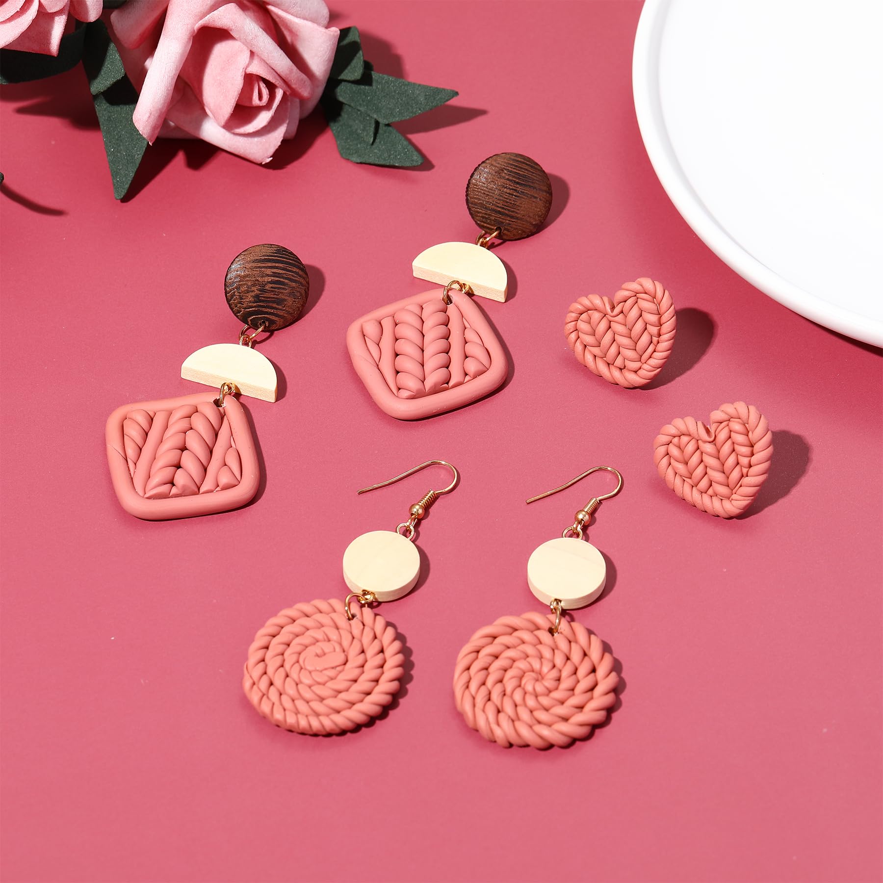 PWUEITR Clay Dangle Earrings Handmade Braided Rattan Earrings Round Square Heart Earrings Vintage Drop Earrings Jewelry Gift for Women,Round 7cm