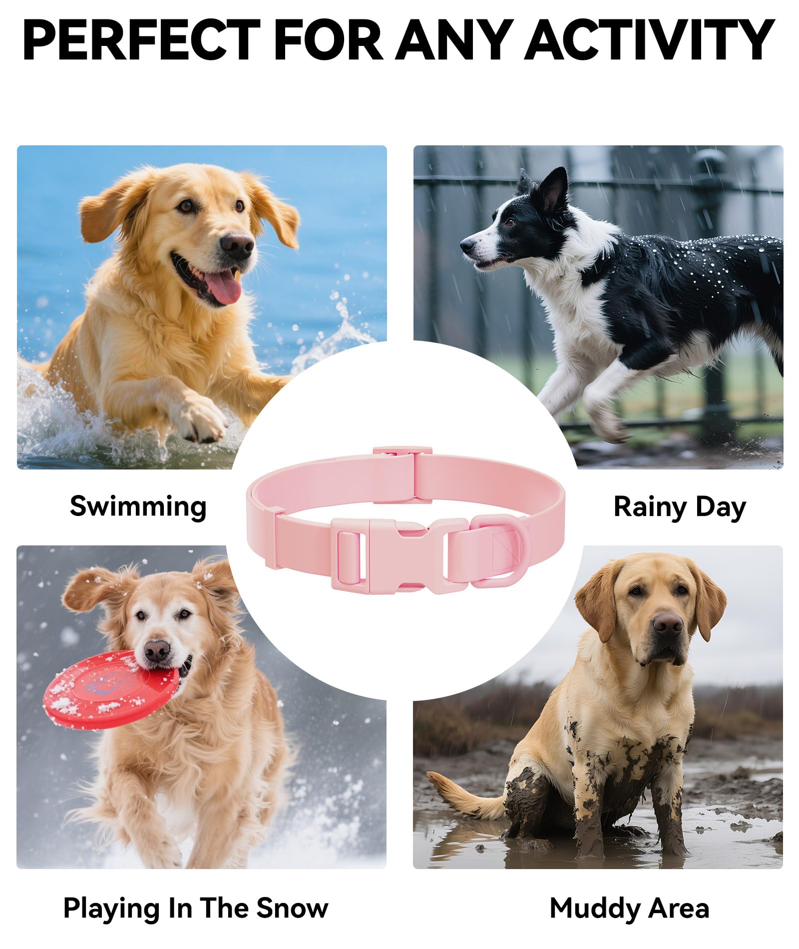 Waterproof Dog Collar, Rubber Adjustable Collars with Quick Release Buckle, Odor-Resistant, Easy to Clean Pet Collars for Small Medium or Large Dogs (Pink, L 15.4-24.8 inch)