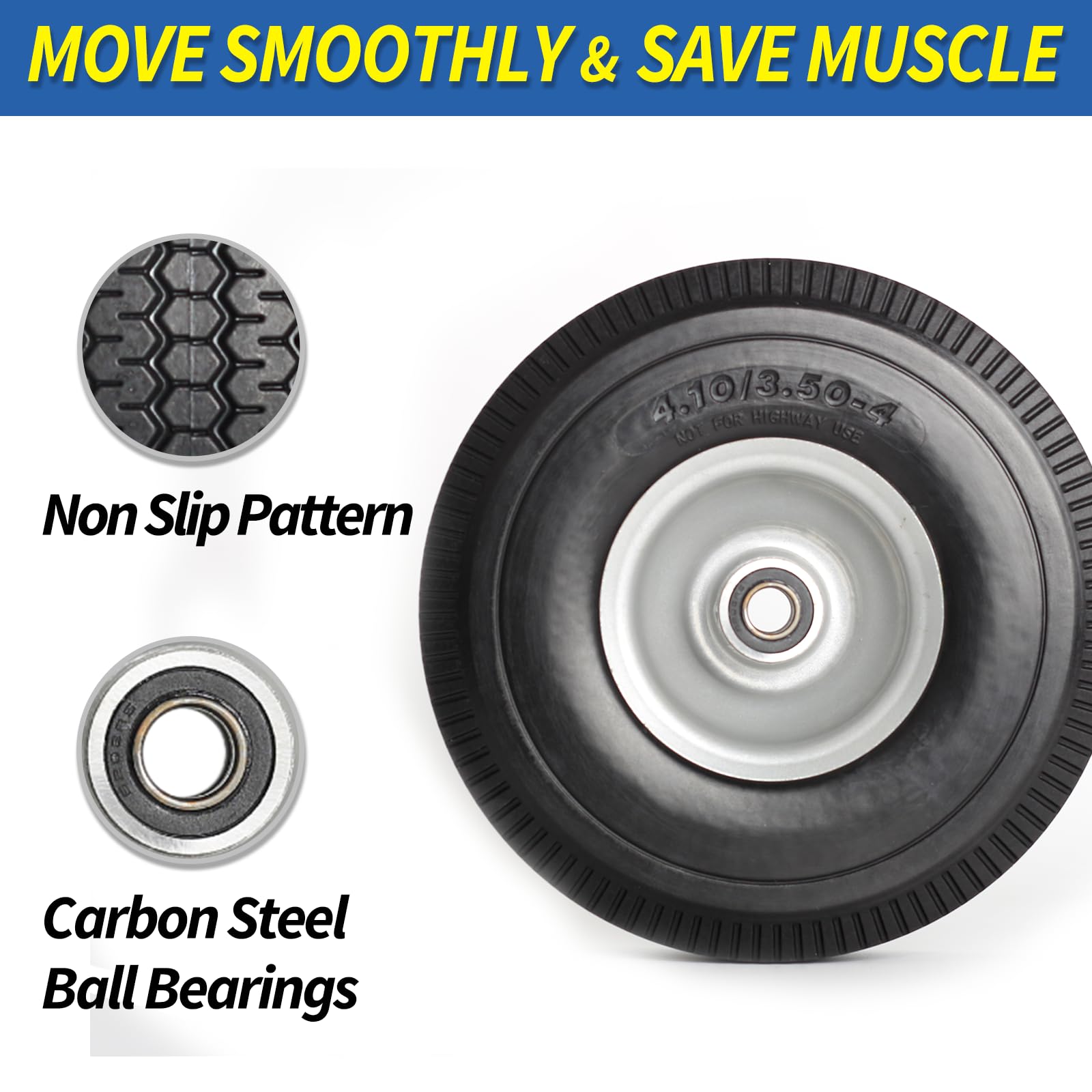GICOOL 4.10/3.50-4" Flat Free Tire and Wheel, 10" Solid Tire with 5/8" Axle Bore Hole, 2.2" Offset Hub for Hand Truck Garden Wagon Cart Trolley Dolly Lawn Mover Replacement