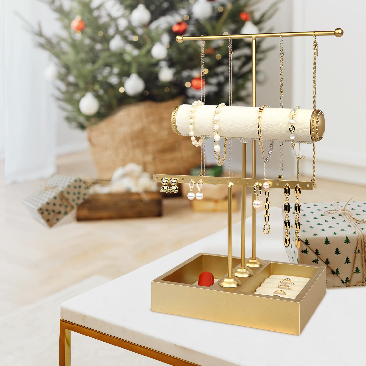 Funlove Jewelry Organizer Stand 3-in-1 Jewelry Holder for Necklaces Bracelet Earrings & Ring Jewelry Tree Jewelry Tower Metal & Wood-Gold