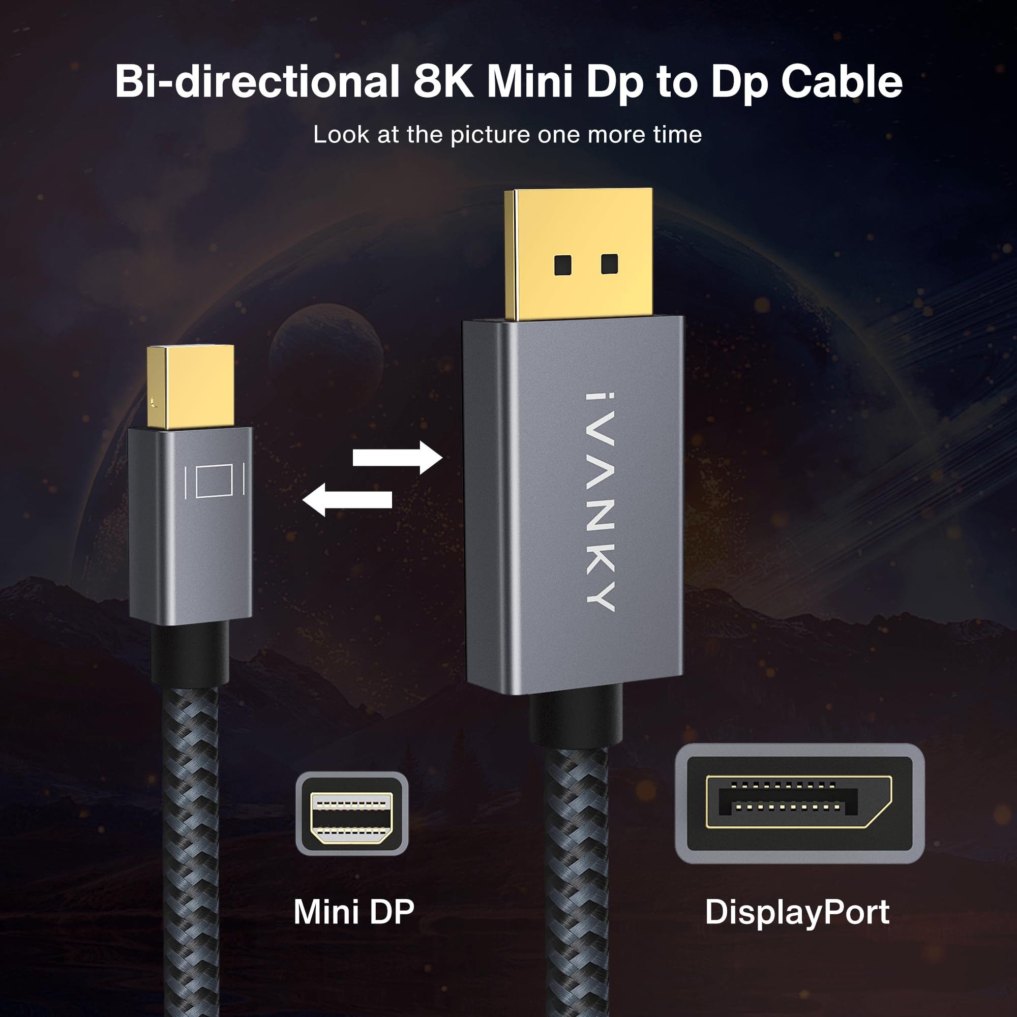 IVANKY 8K Mini DisplayPort to DisplayPort Cable 10ft, Bi-Directional Mini DP to DP Cable 8K@60Hz, 4K@144Hz, 32.4Gbps HDR, Thunderbolt to DisplayPort, Aluminum Shell, Gold-Plated Braided for MacBook