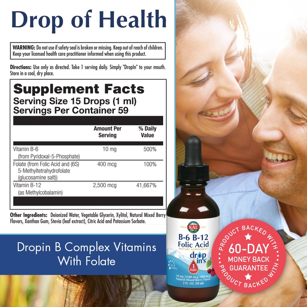 KAL Vitamin B-6 B-12 Folic Acid DropIns, Liquid Vitamin B Supplement Drops, Heart Health, Energy, Red Blood Cell Support with Methyl B12 and Methyl Folate, Natural Mixed Berry Flavor, 59 Servings, 2oz