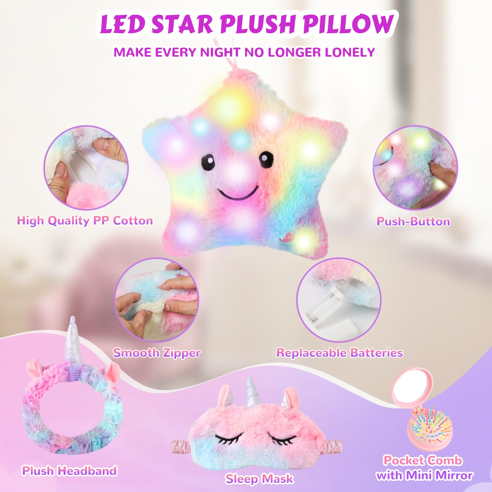 Unicorns Gifts for Girls 5 6 7 8 9 10+ Years Old, Kids Unicorn Toys with Light Up Plush Star Pillow, Diary, Headband, Eye Mask, Water Bottle, Soft Plush Toys Set for Teens Birthday Gifts Christmas