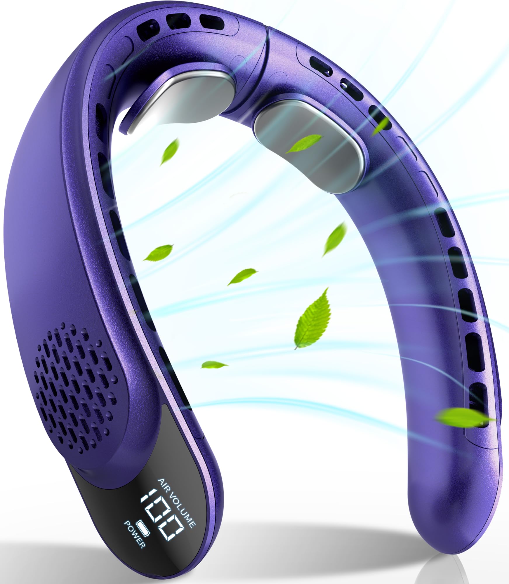 FrSara Rechargeable Neck Fan, Personal Fan with LED Display, 3 Speeds with 4000mAh Battery Powered, Supports USB TYPE-C, Portable, Ideal & Quiet for Women, Men Travel, Outdoor, Purple