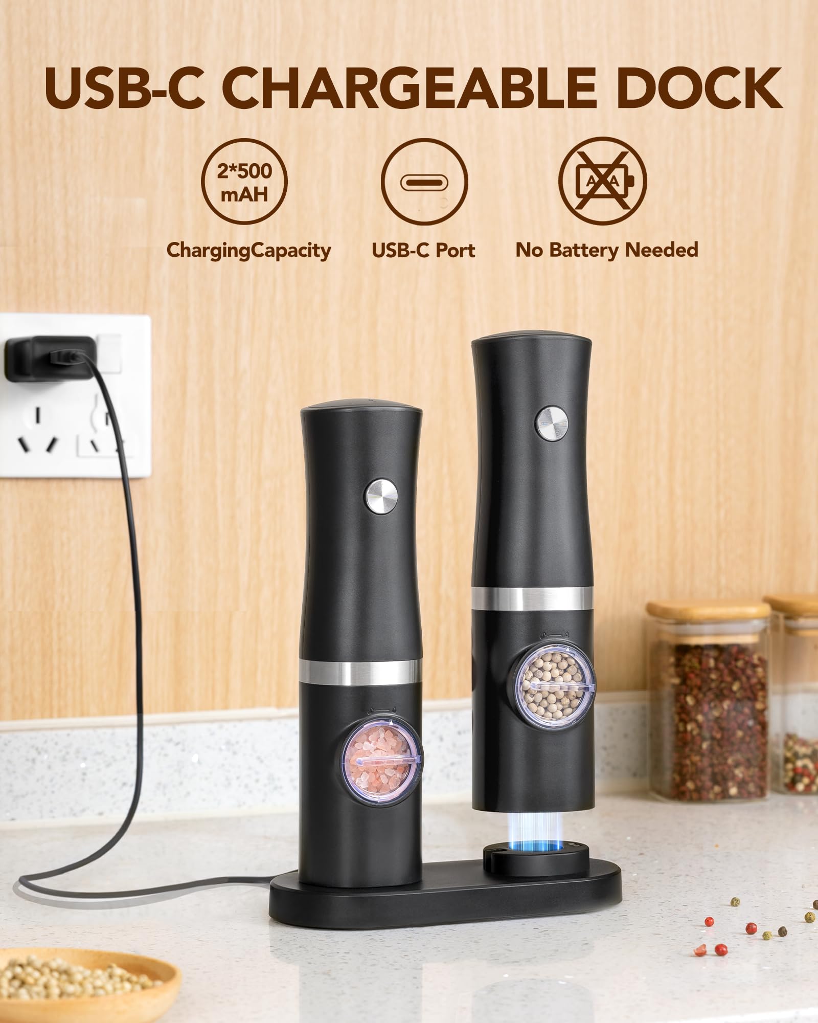 Sangcon Electric Salt and Pepper Grinder Set of 2, Automatic Salt Pepper Grinder Mill with Rechargeable Base LED light, Adjustable Coarseness,One-handed Operation, Refillable Spice Mill Shakers