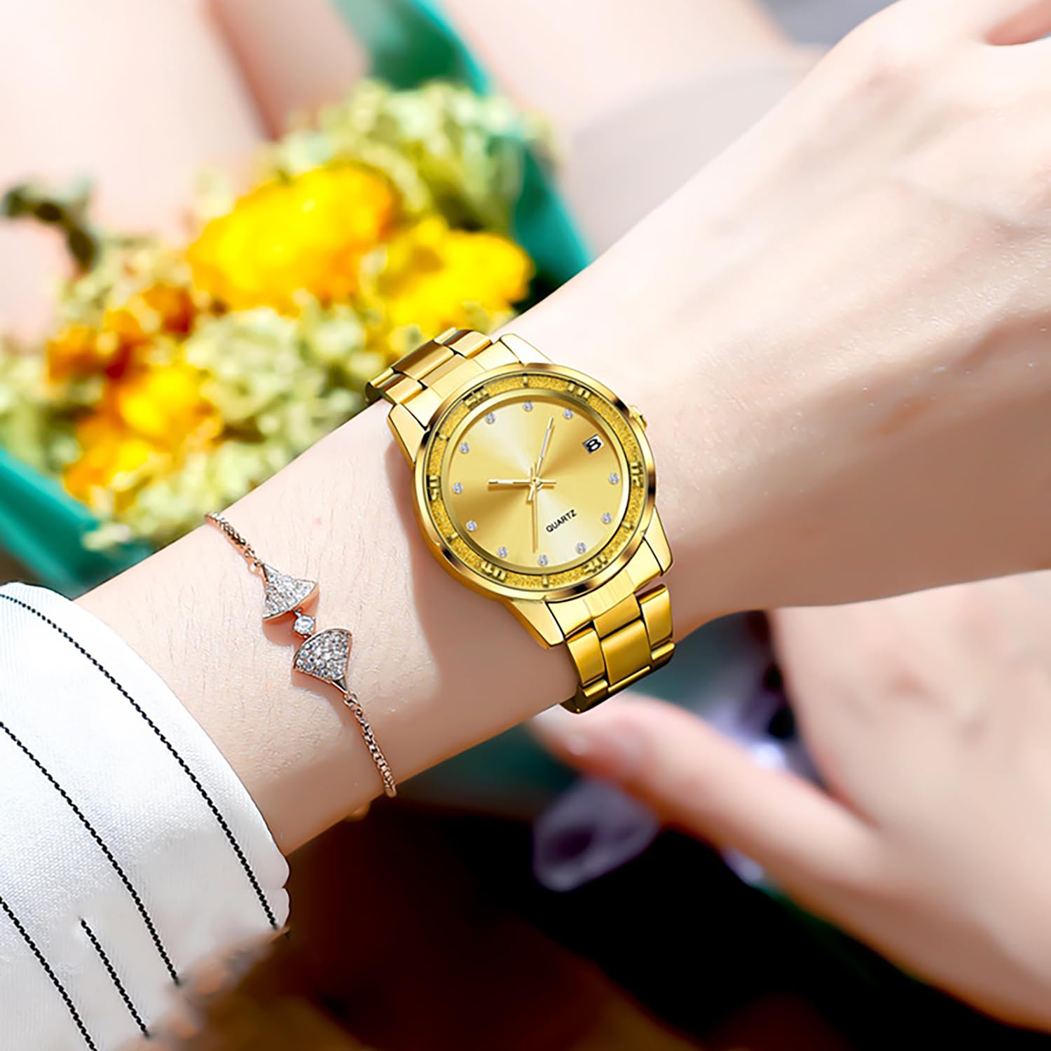 BESTKANG Luxury Women's Watch with Date Classic Stainless Steel Dress Ladies Wrist Watch Luminous Easy Read Waterproof Analog Watches for Women (Gold)