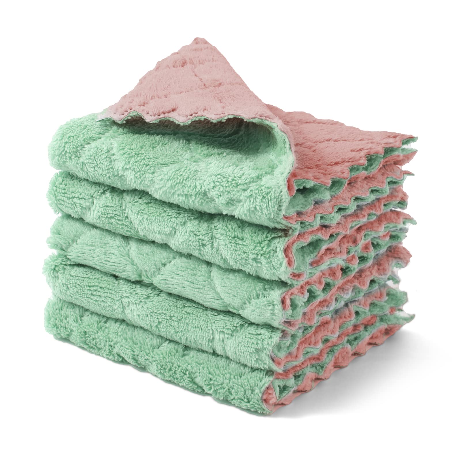 kimteny Cleaning Cloths Kitchen Towels Microfiber Washcloths Lint Free Dish Cloth Reusable Dishtowels Household Super Absorbent Fast Drying, 10"x10", Pack of 5 (Pink-Green)