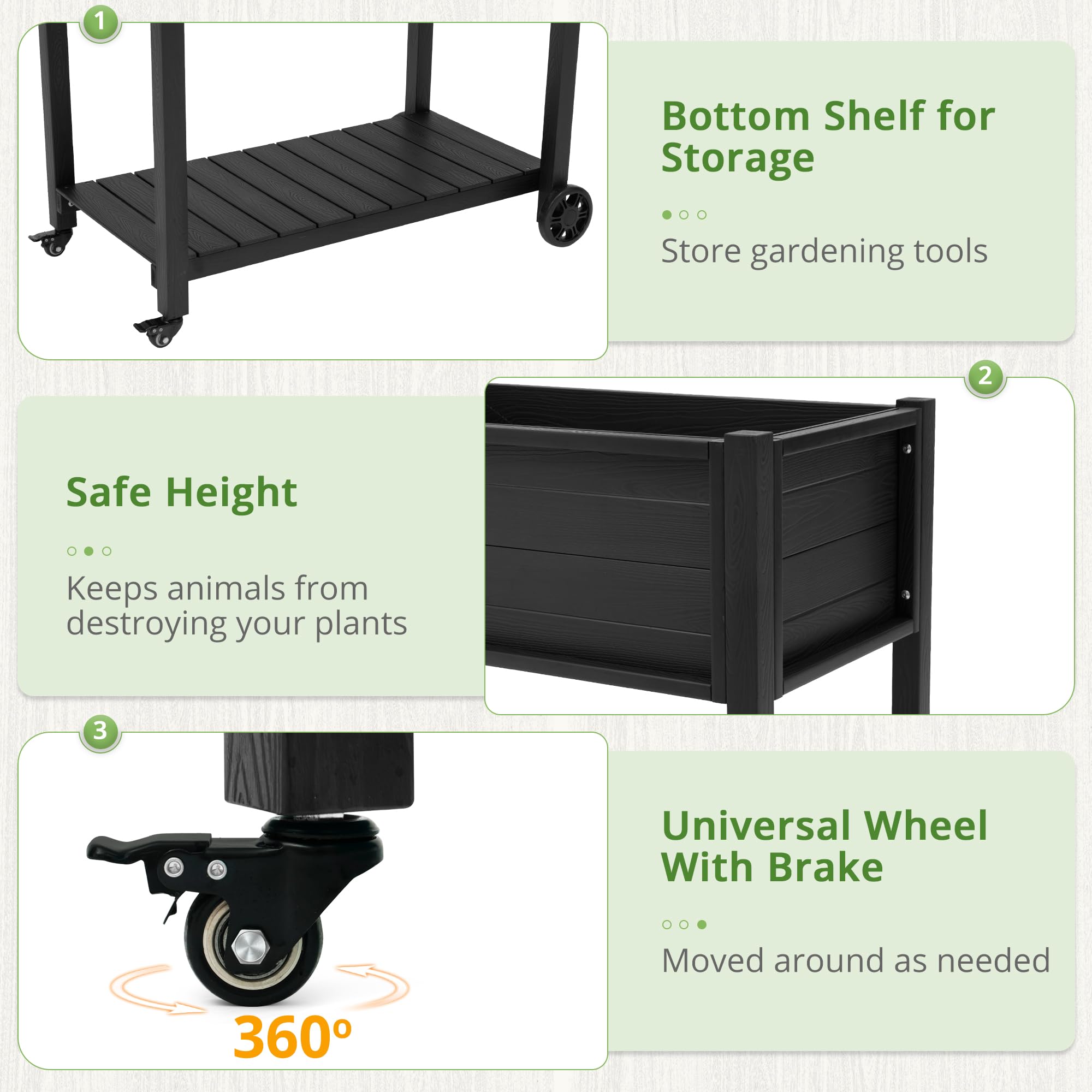 LUE BONA Raised Garden Beds Outdoor, 40 x 21 x 34 in, Raised Garden Bed with Wheels Lockable & Handlebar, Raised Garden Bed with Legs, HDPS Weather Resistant Herb Garden Planter Outdoor, Black