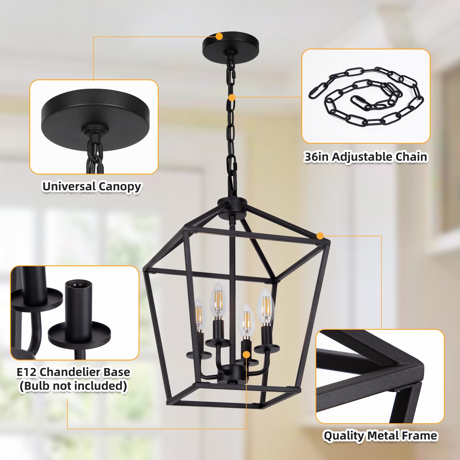 4 Light Chandelier, Industrial Ceiling Light Black Lantern Light Fixtures with Farmhouse Metal Cage Adjustable Height Rustic Geometric Hanging Light E12 Base for Kitchen Island, Entryway, Indoor