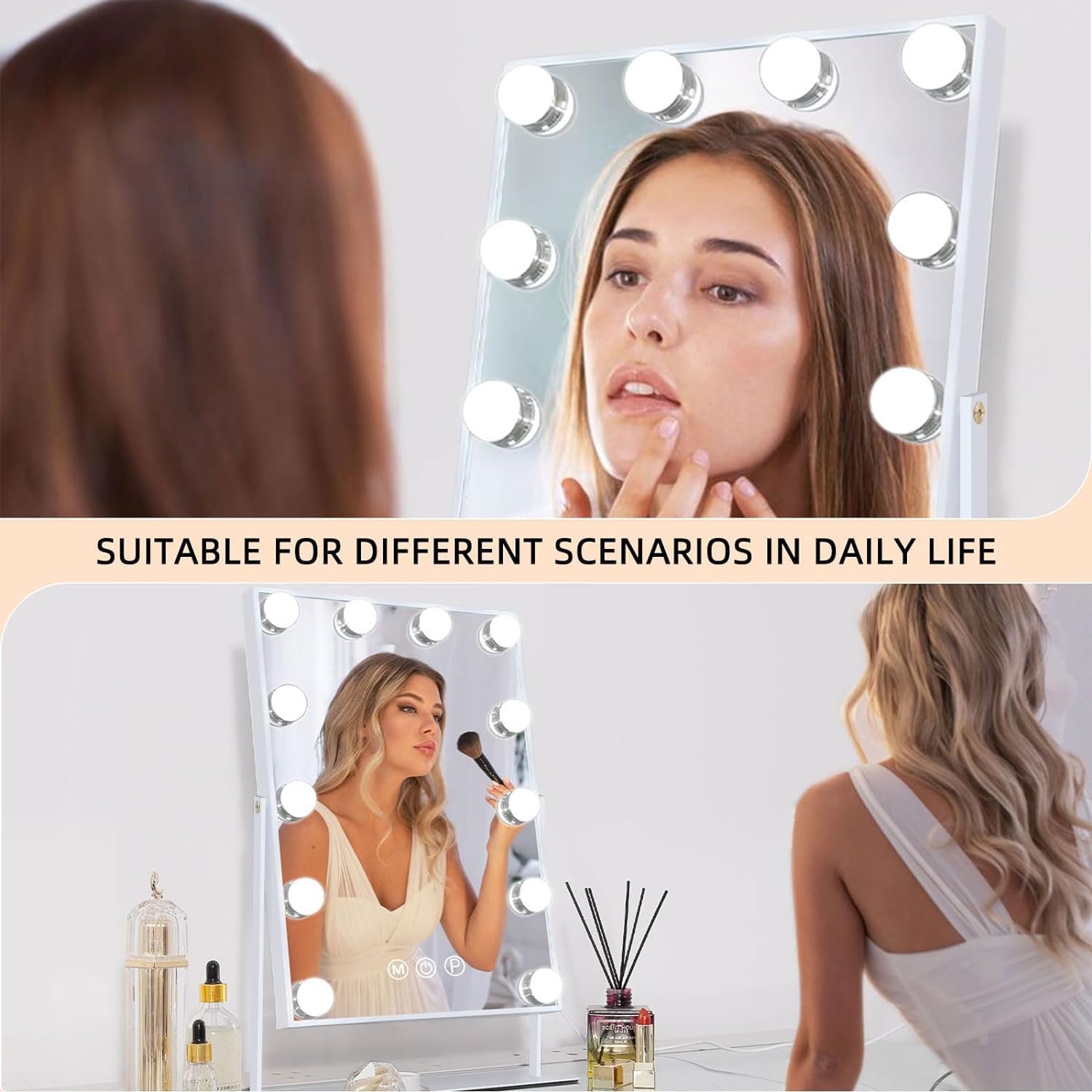 FENCHILIN Lighted Makeup Mirror Hollywood Mirror Vanity Makeup Mirror with Light Smart Touch Control 3Colors Dimmable Light Detachable 10X Magnification 360°Rotation(White)