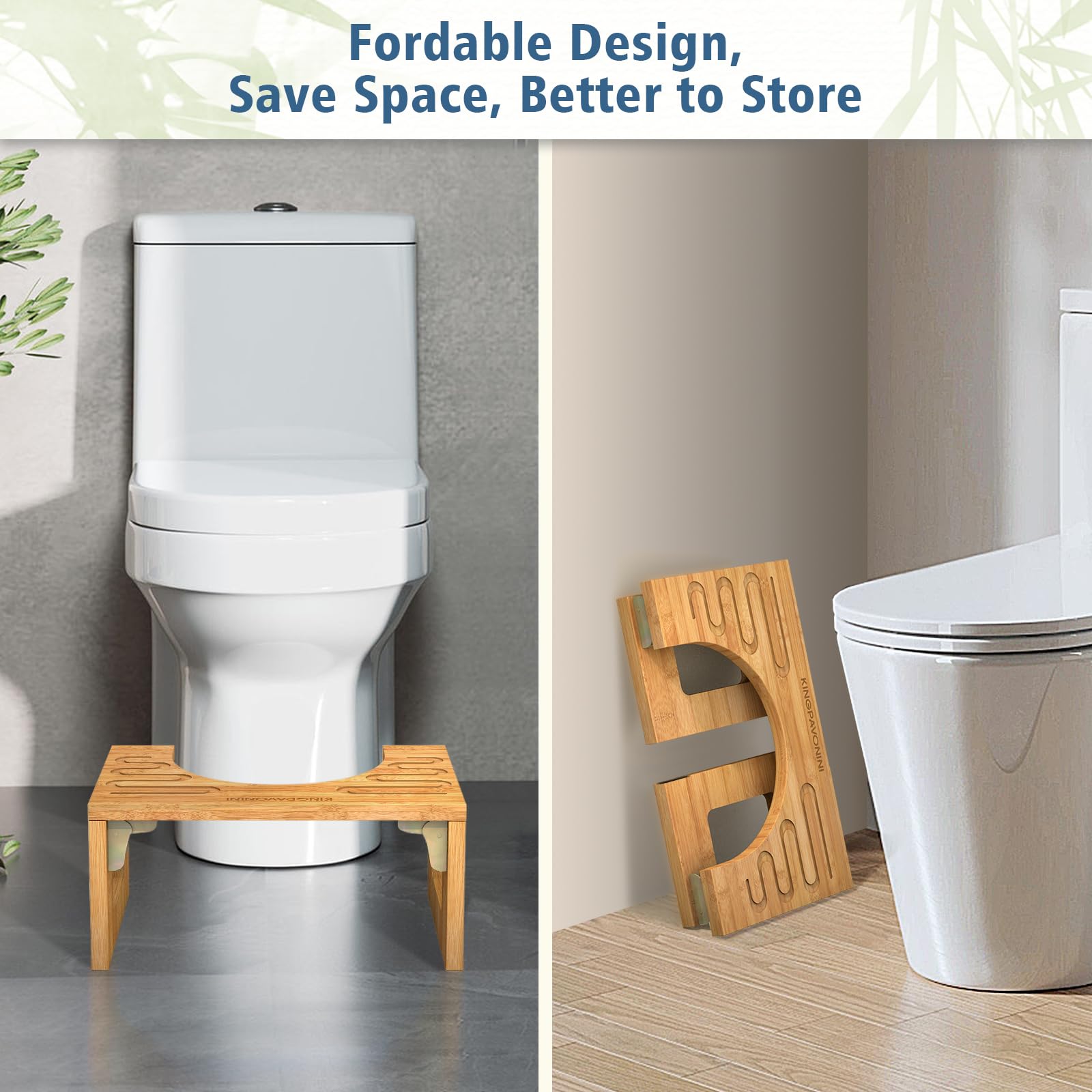 Bamboo Toilet Stool Squat 7in & 9in Adjustable Heights, Foldable Poop Stool for Bathroom Adults Kids, Potty Stool with Non-Slip Layer to Improve Bathroom Posture and Comfort, 400 lbs Capacity