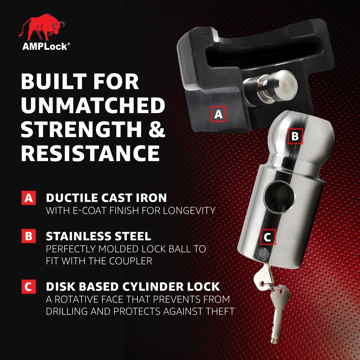 AMPLock - U-BRP2516 Heavy Duty Trailer Coupler Lock, 2 5/16" RV & Trailer Lock, Ball Coupler with Straight Lip, Anti-Theft RV Locks & Trailer Protection with Push and Lock System, Ideal Trailer Locks