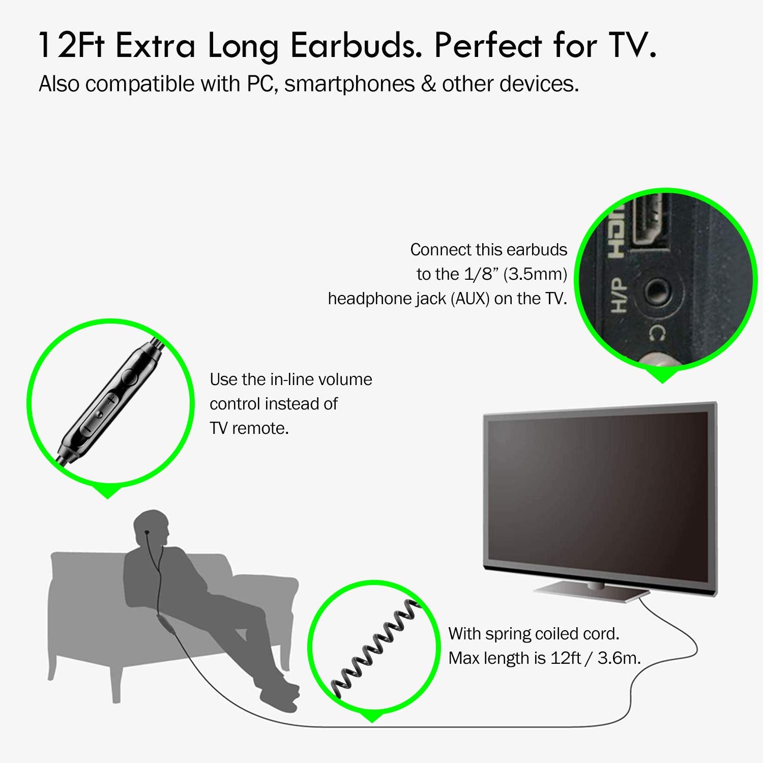 Extra Long Earbuds for TV & PC, with 12FT Spring Coiled Extension Cable, Volume Control & Mic, in-Ear Wired Headphones for 3.5mm Audio Output Devices, ChanGeek CGS06