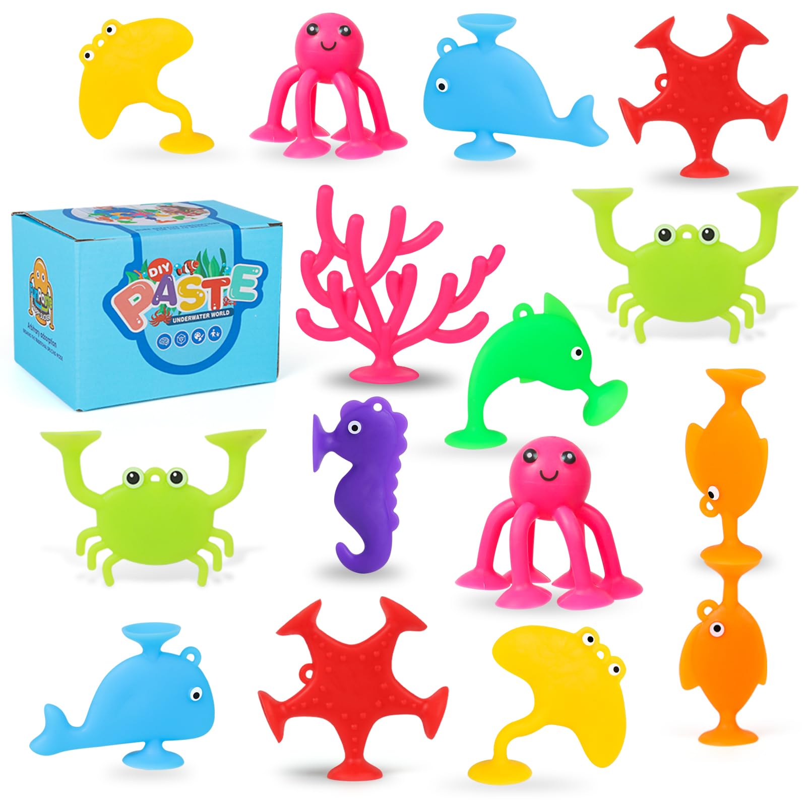Baby Suction Cup Toys, 18 PCS Silicone Ocean Animals Suckers, Bath Toys for Kids Ages 4-8, Sensory Window Travel Easter Stuffers Toys for Toddlers Boys Girls 3 4 5 6 Year Old
