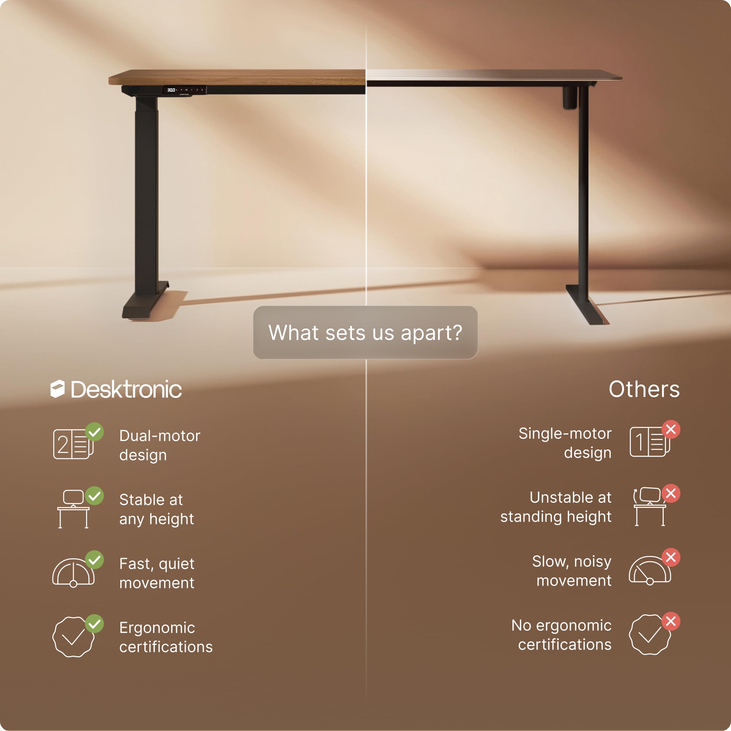 Desktronic HomeOne Standing Desk 60x30 — Ergonomic Sit Stand Home Office Desk, Made in Europe, Electric Dual Motor Height Adjustable, USB & USB-C Charging, Wobble-Free, Touchscreen, 3 Memory Presets