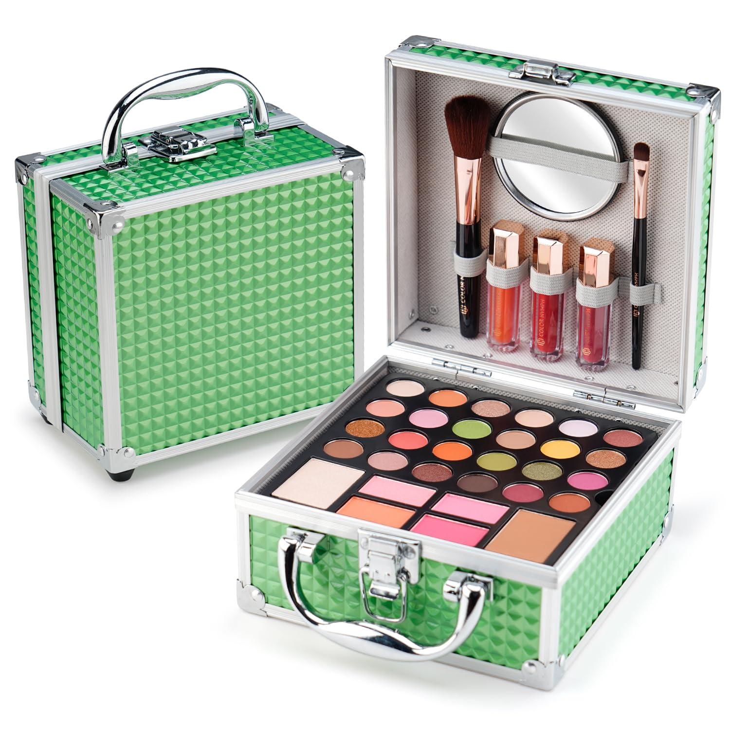 Color Nymph Beginner Makeup Kit For Teens With The Small Cosmetic Train Case Included 24-Colors Eyeshadow Palette Blushes Bronzer Highlighter Lipstick Brushes Mirror(Green)