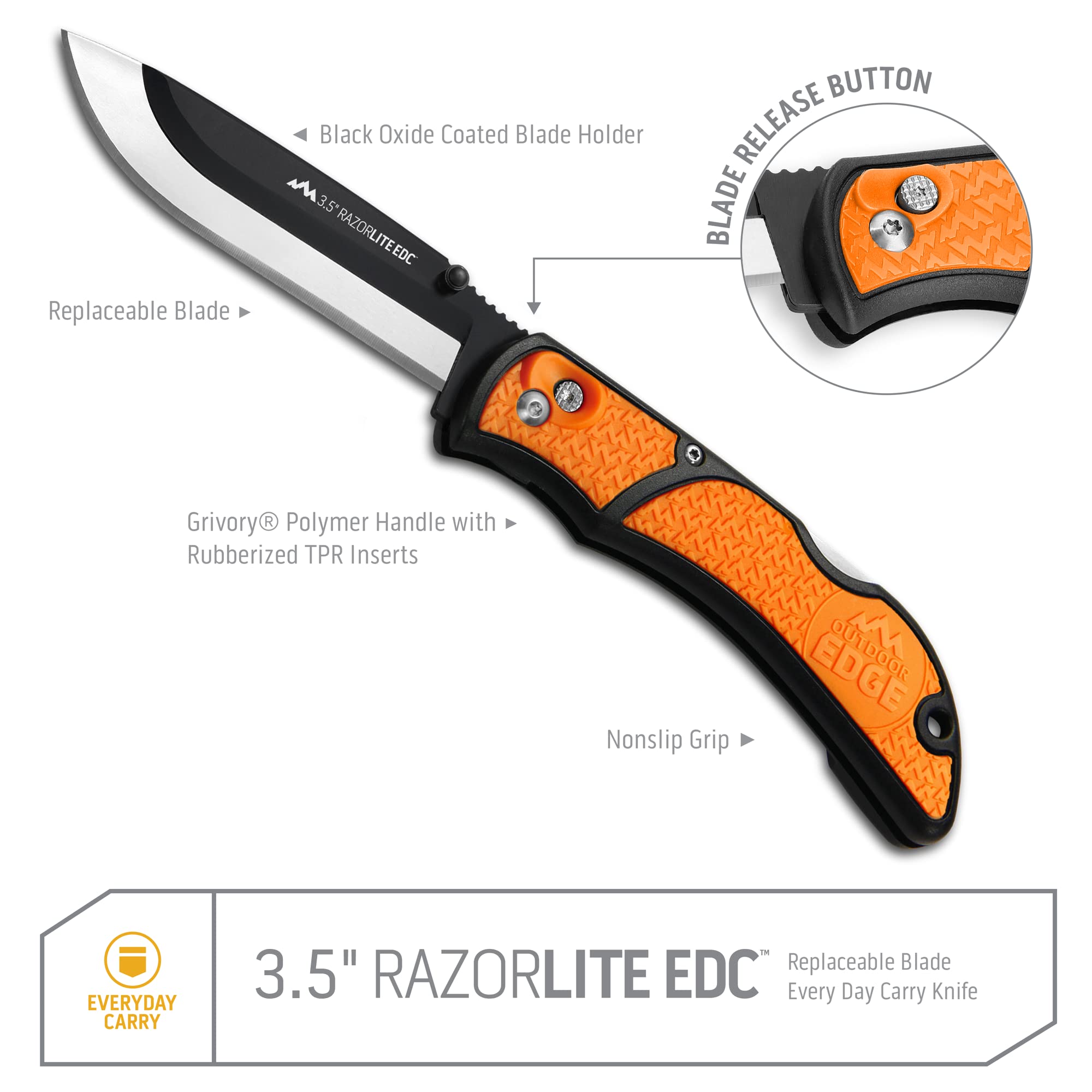 OUTDOOR EDGE 3.5" RazorLite EDC Knife. Pocket Knife with Replaceable Blades and Clip. The Perfect Hunting Knife for Skinning Deer. Blaze Orange with 6 Blades